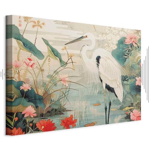 Canvas print Nad azjatyckim stawem - ilustracja w stylu japońskiej ryciny, przedstawiająca czaplę 30×20 cm, standard canvas