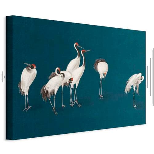 Canvas print Wieczór nad stawem - grupa żurawi narysowana suchą pastelą, na ciemno-turkusowym tle 30×20 cm, standard canvas