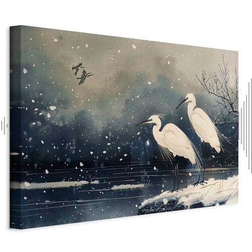 Canvas print Czaple nad zimowym stawem - ilustracja w stylu japońskiego w ciemnej kolorystyce 30×20 cm, standard canvas