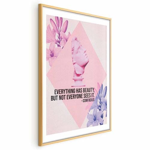 Plakat Konfucjusz o Pięknie - popiersie w różu z kwiatami i cytatem 60×90 cm