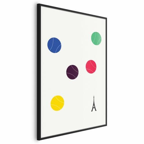 Plakat Wieża Eiffla i kolorowe piłki do tenisa 21×30 cm