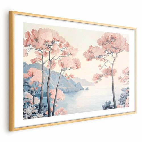 Plakat Ocean klify i drzewa; delikatny motyw w pastelowych kolorach 90×60 cm