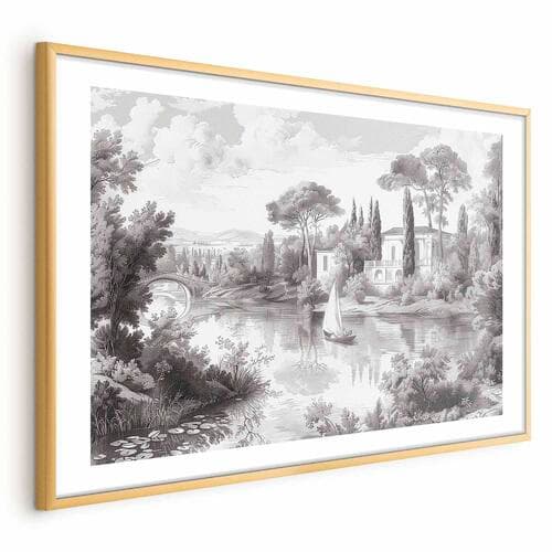 Plakat Czarno-biały pejzaż vintage ze stawem 60×40 cm