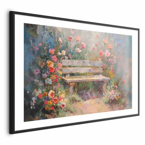 Plakat Kwiecista ławeczka - obraz w stylu impresjonistycznym pełen kwiatów 60×40 cm