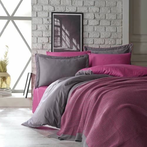 Komplet pościeli 200x220 z kocem satyna bawełniana TUANA FUCHSIA 7 części