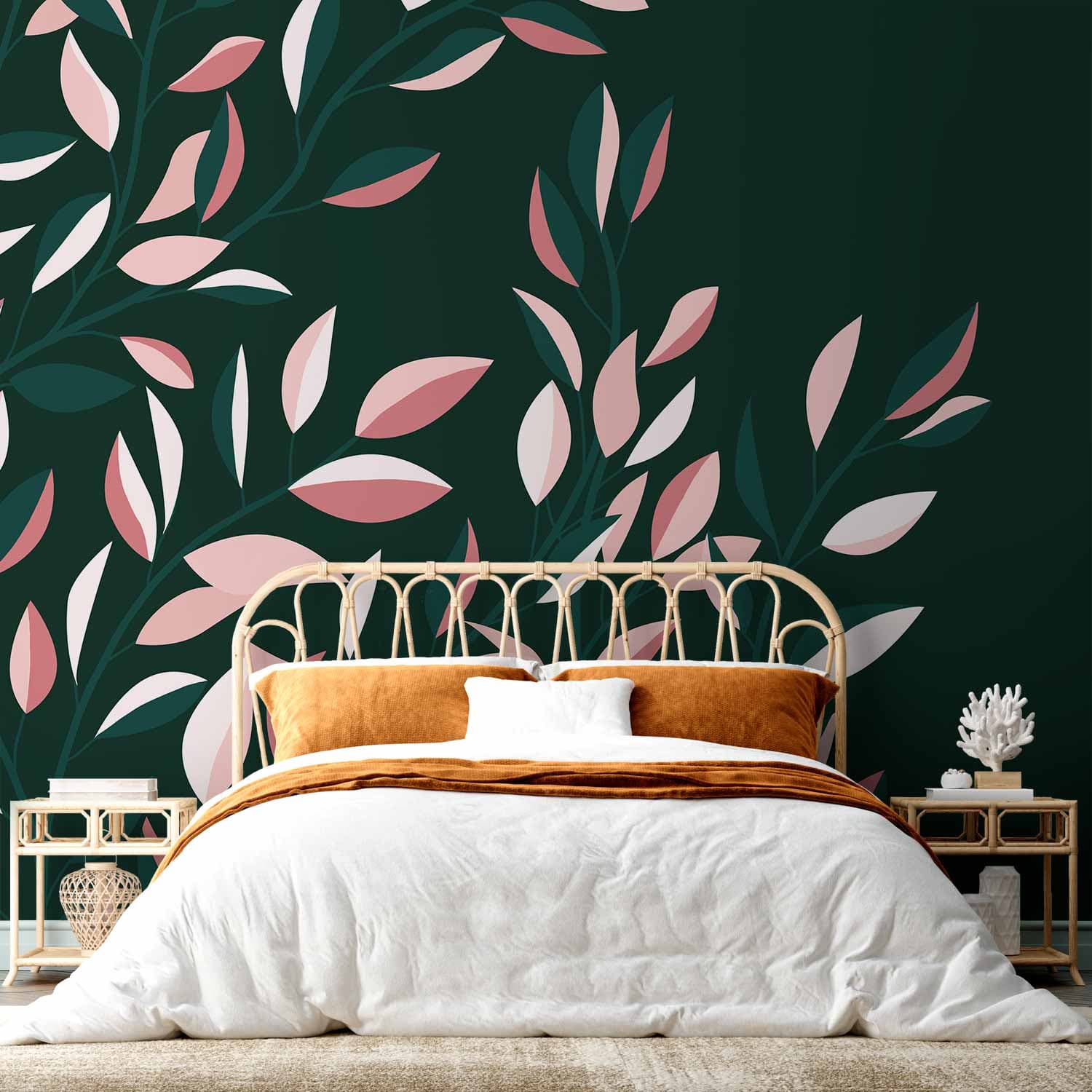 Wall mural Kwitnące pnącze - minimalistyczne pnące się liście na zielonym tle 100×70 cm, standard non-woven