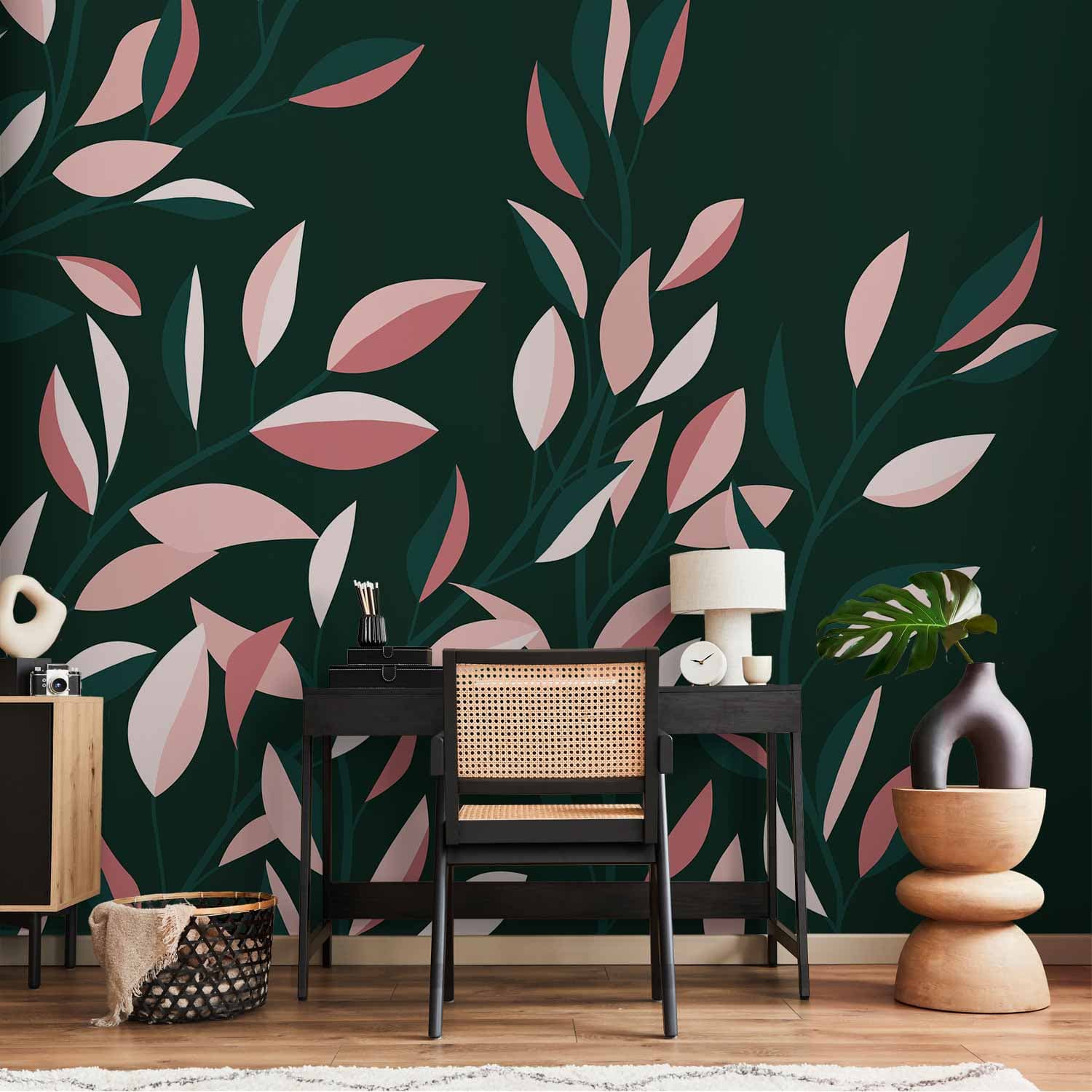 Wall mural Kwitnące pnącze - minimalistyczne pnące się liście na zielonym tle 100×70 cm, standard non-woven