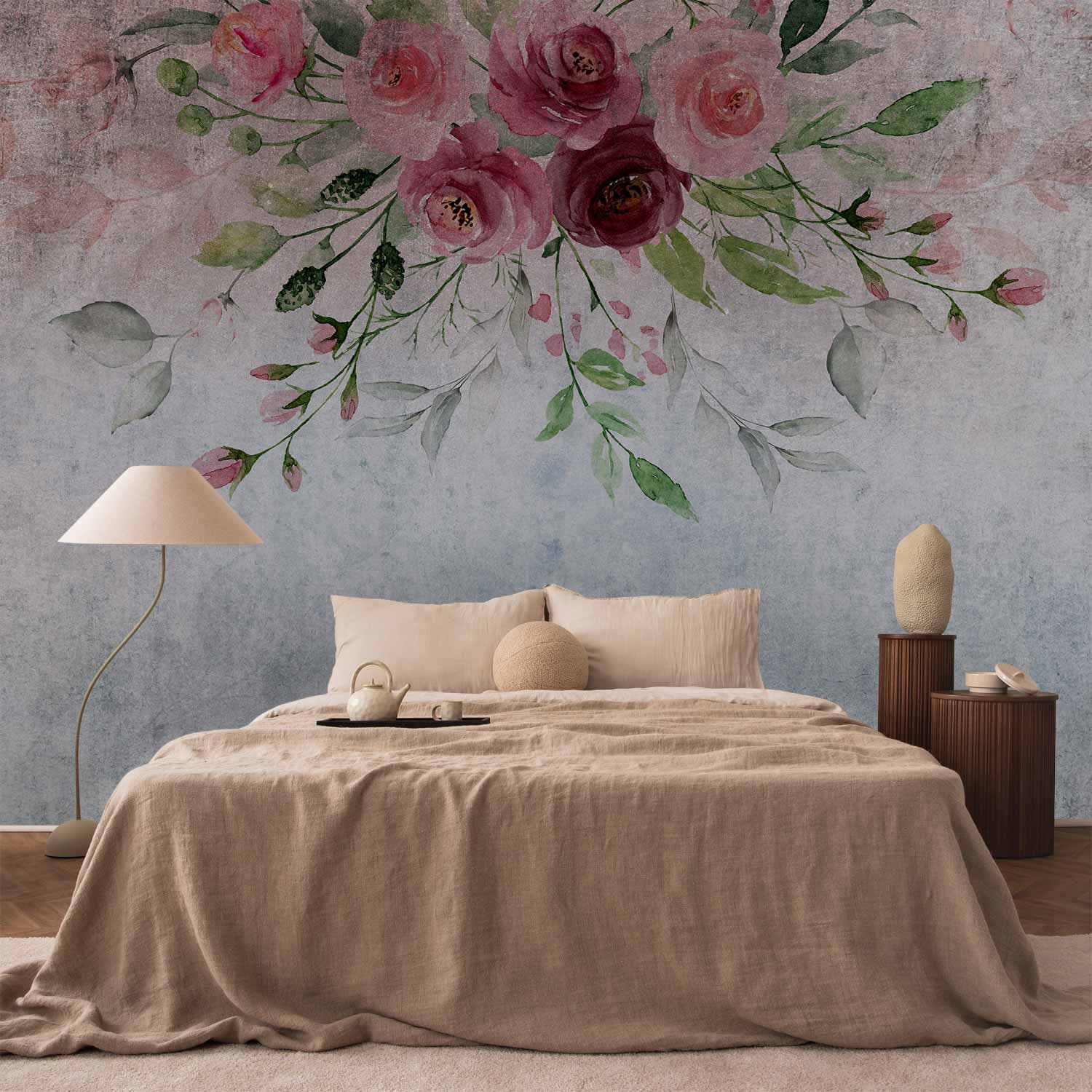 Wall mural Rozkwit lata - motyw roślinny z kwiatami i liśćmi w różowych tonach 100×70 cm, standard non-woven