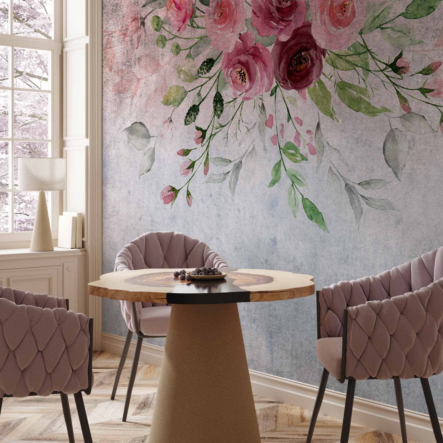 Wall mural Rozkwit lata - motyw roślinny z kwiatami i liśćmi w różowych tonach 100×70 cm, standard non-woven