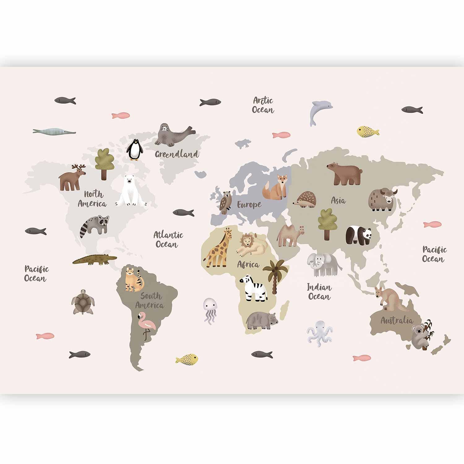 Фотообои Pastelowa mapa - zwierzęta i kontynenty do pokoju dziecięcego 200×140 см, флизелин премиум