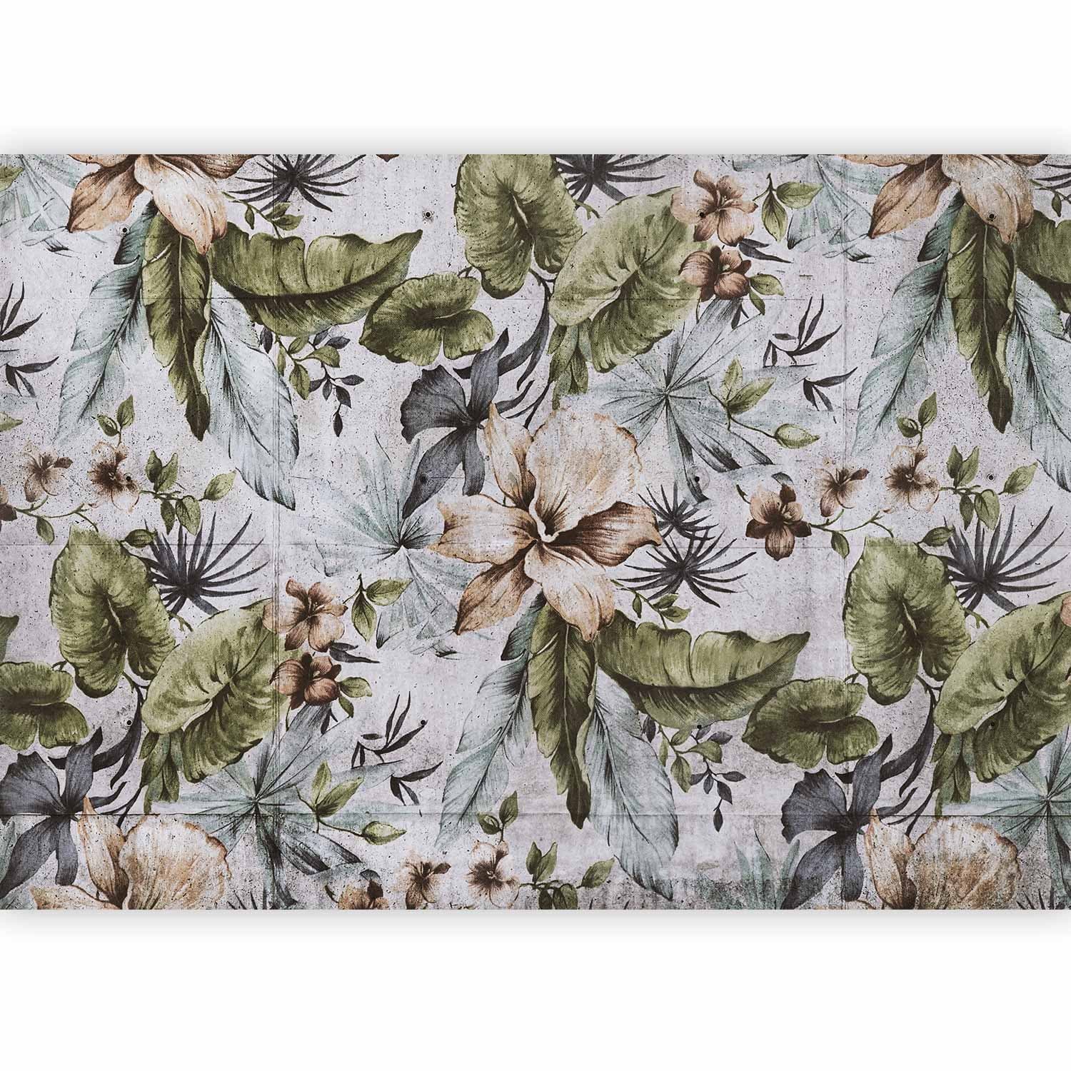 Fototapeta Natura w stylu retro - pejzaż w dżungli z bladymi liśćmi i kwiatami 100×70 cm, materiał wodoodporny