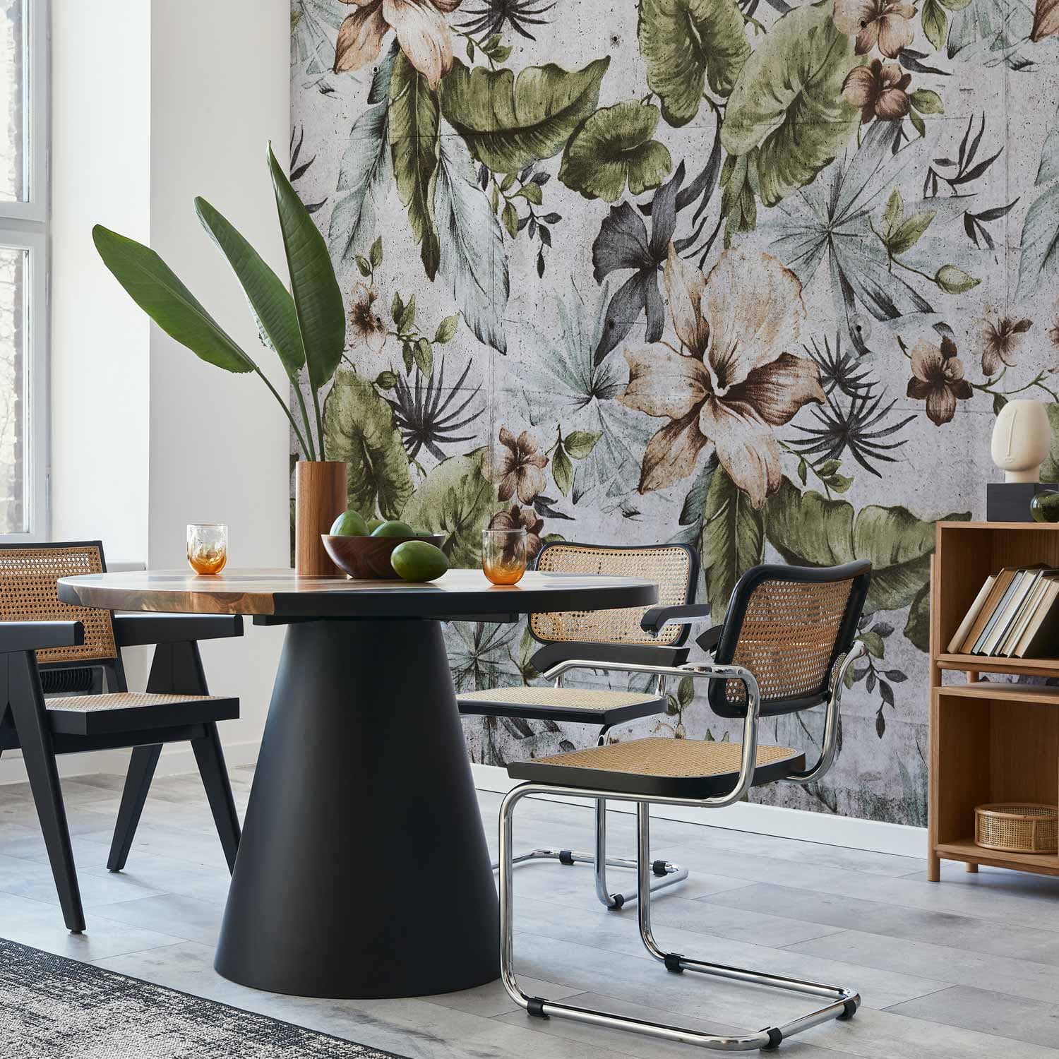 Fototapeta Natura w stylu retro - pejzaż w dżungli z bladymi liśćmi i kwiatami 100×70 cm, materiał wodoodporny