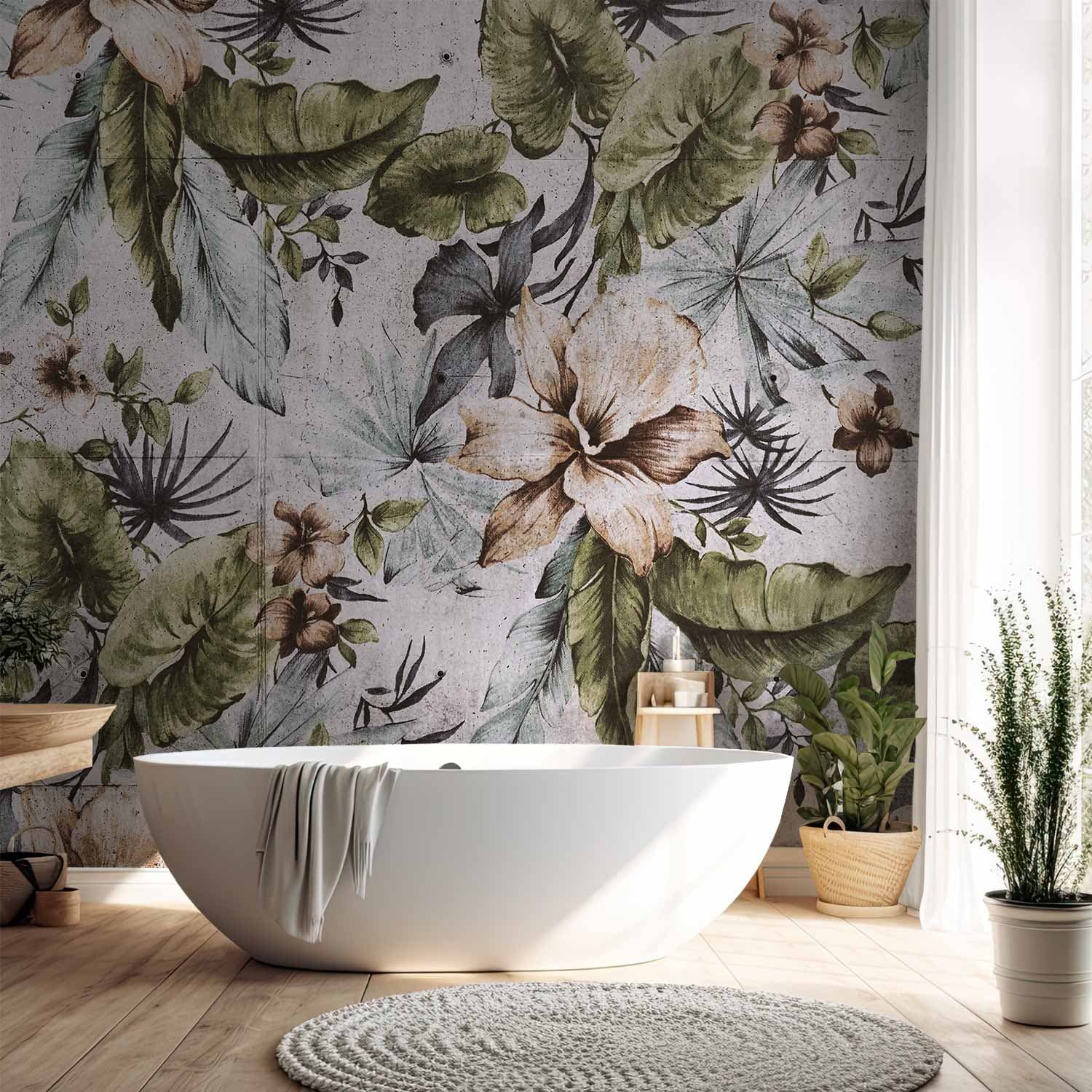 Fototapeta Natura w stylu retro - pejzaż w dżungli z bladymi liśćmi i kwiatami 100×70 cm, materiał wodoodporny