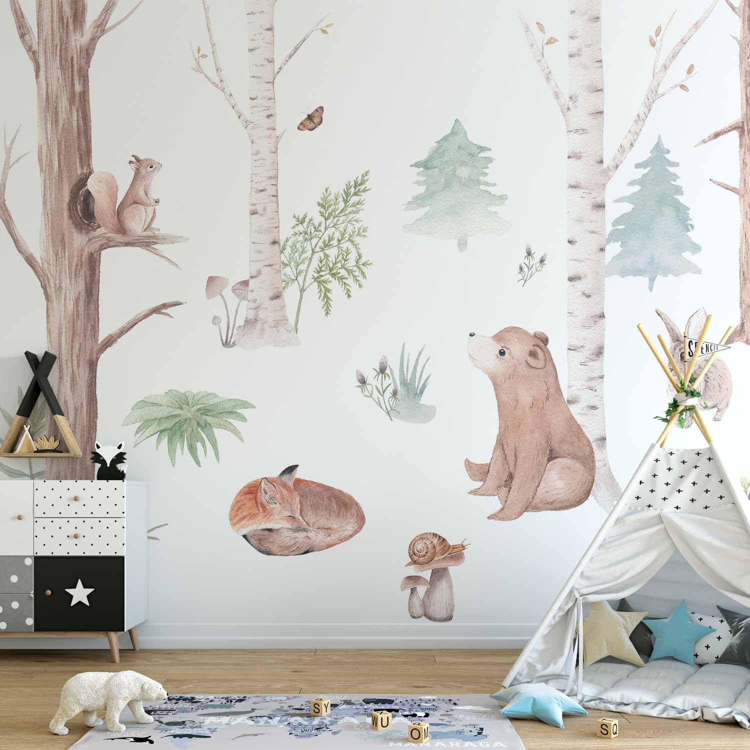 Wall mural Subtelna ilustracja ze zwierzętami leśnymi 450×315 cm, waterproof material