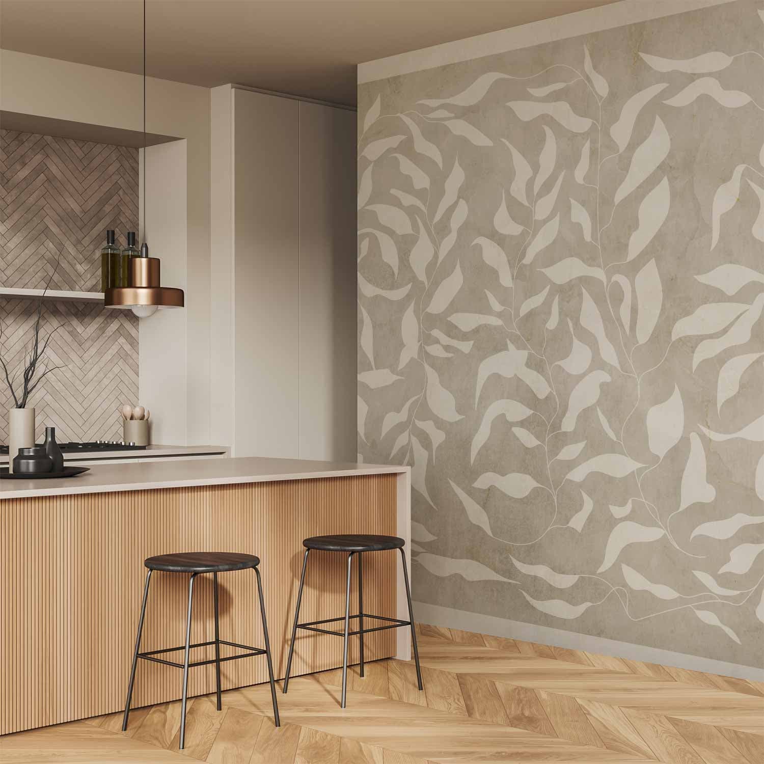 Fototapeta Białe liście - abstrakcyjny motyw roślinny na beżowym tle z ramką 350×256 cm, materiał wodoodporny