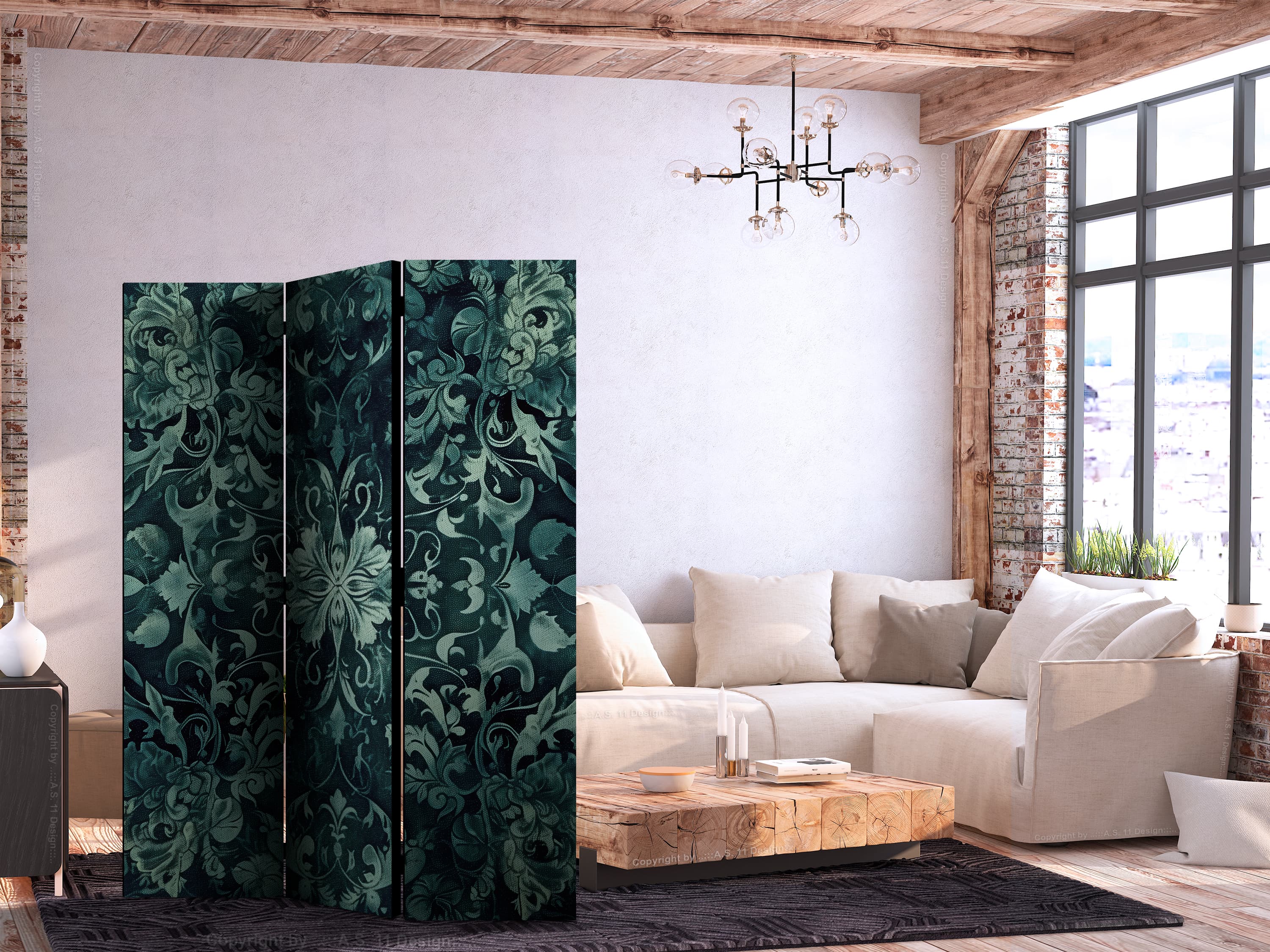 Parawan Wzór orientalny dywanowy - szmaragdowe ornamenty i przetarte wzory 135×172 cm, jednostronny