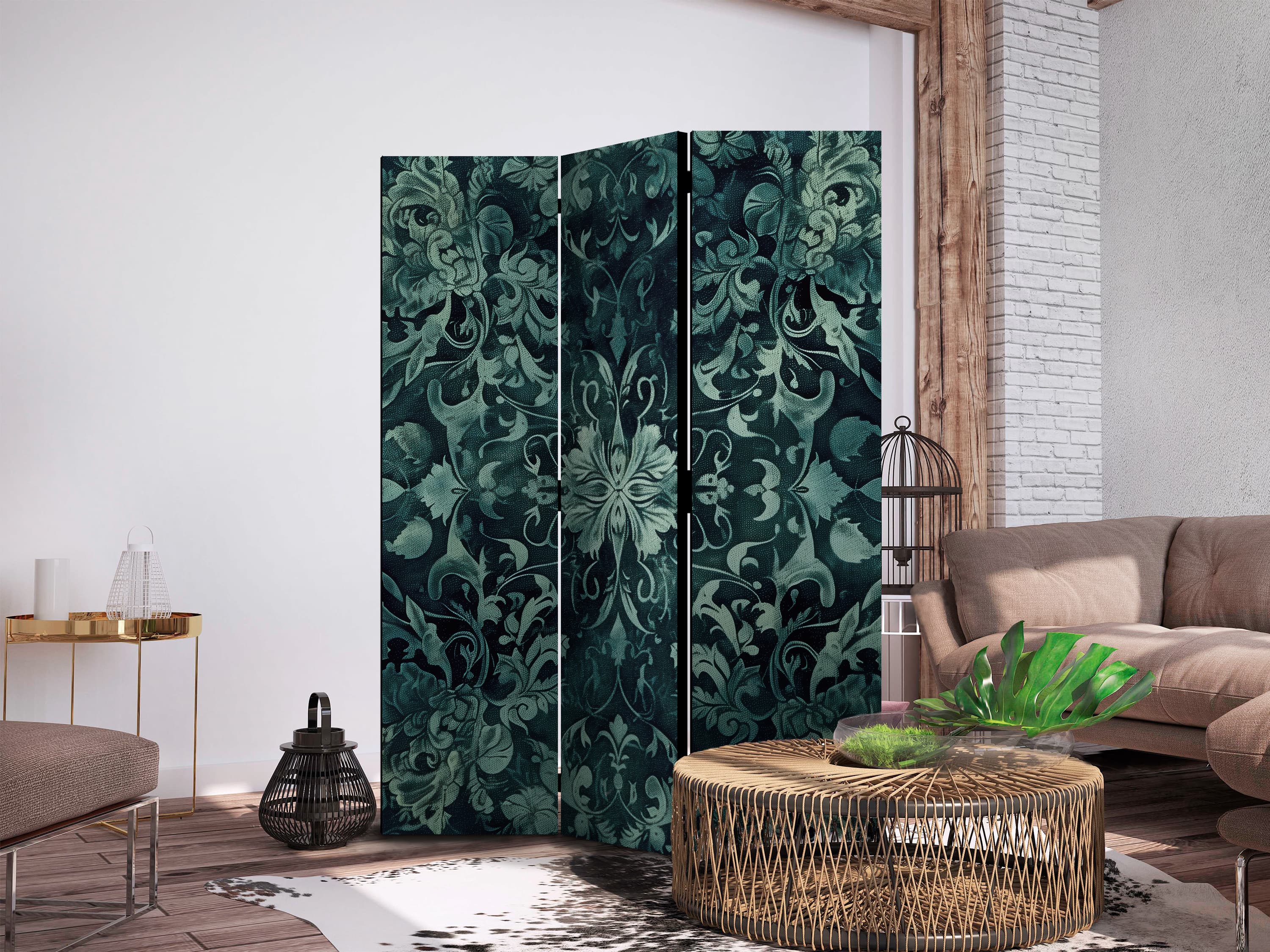 Parawan Wzór orientalny dywanowy - szmaragdowe ornamenty i przetarte wzory 135×172 cm, jednostronny