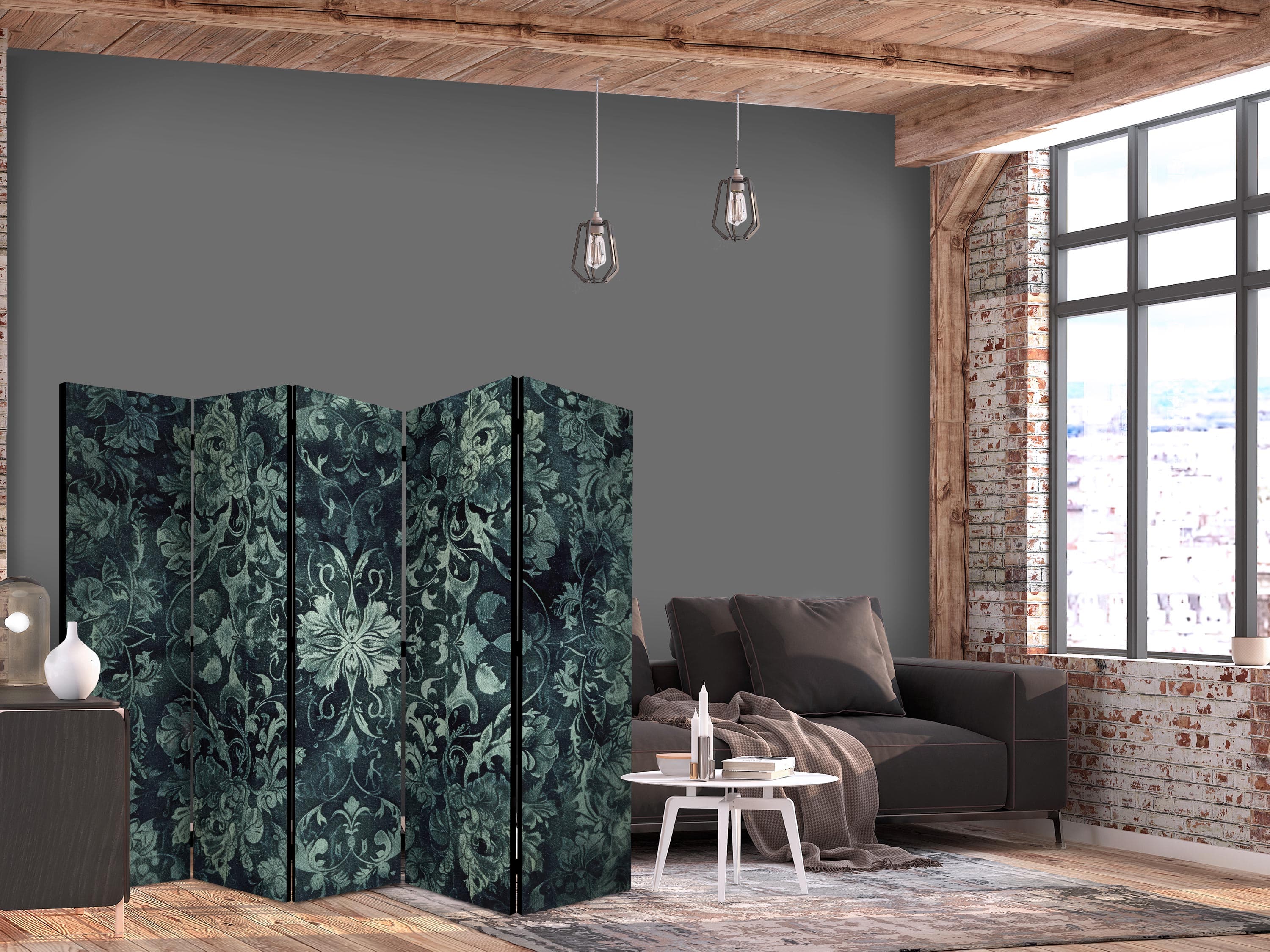 Parawan Wzór orientalny dywanowy - szmaragdowe ornamenty i przetarte wzory 225×172 cm, jednostronny