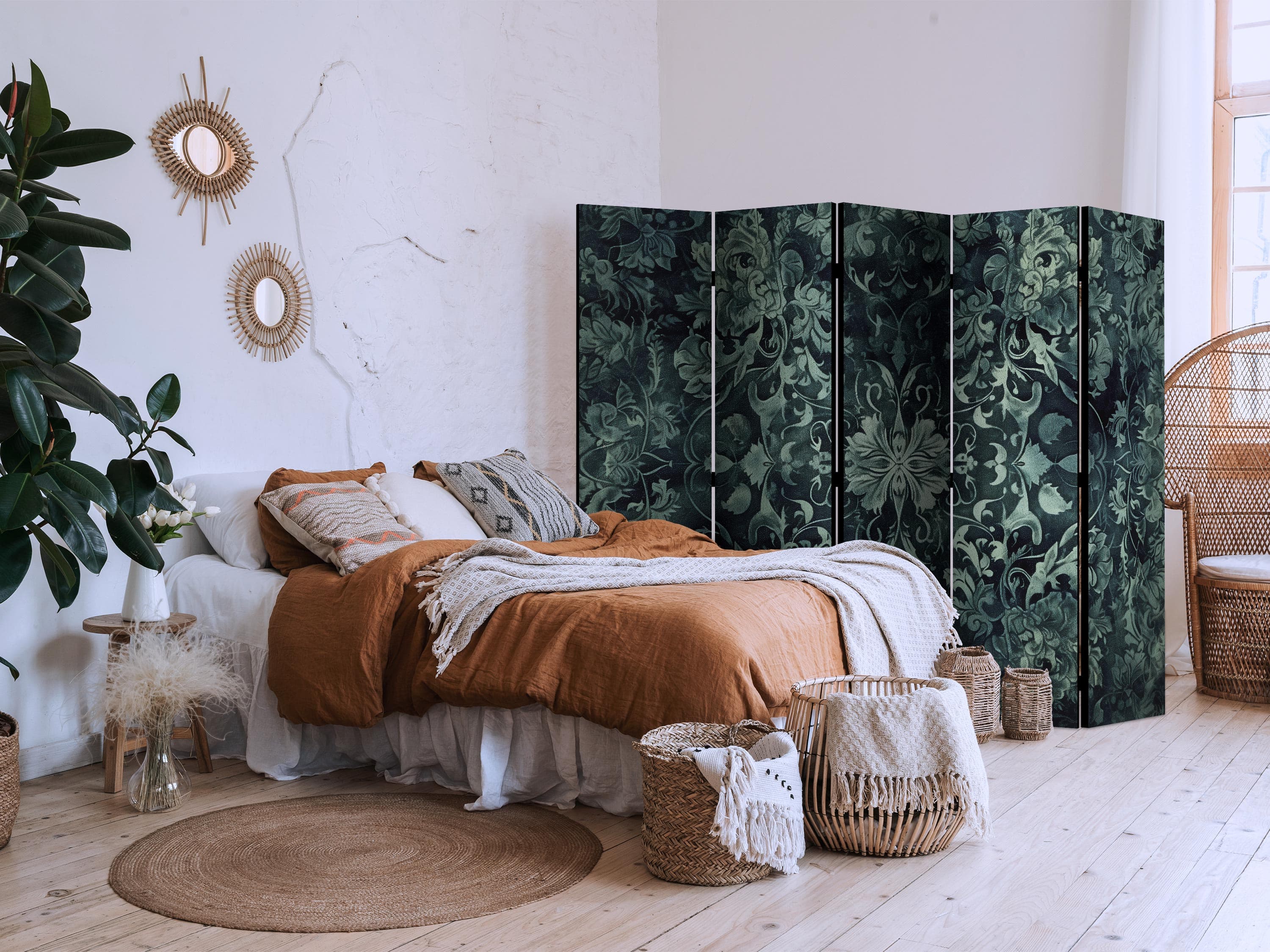 Parawan Wzór orientalny dywanowy - szmaragdowe ornamenty i przetarte wzory 225×172 cm, jednostronny