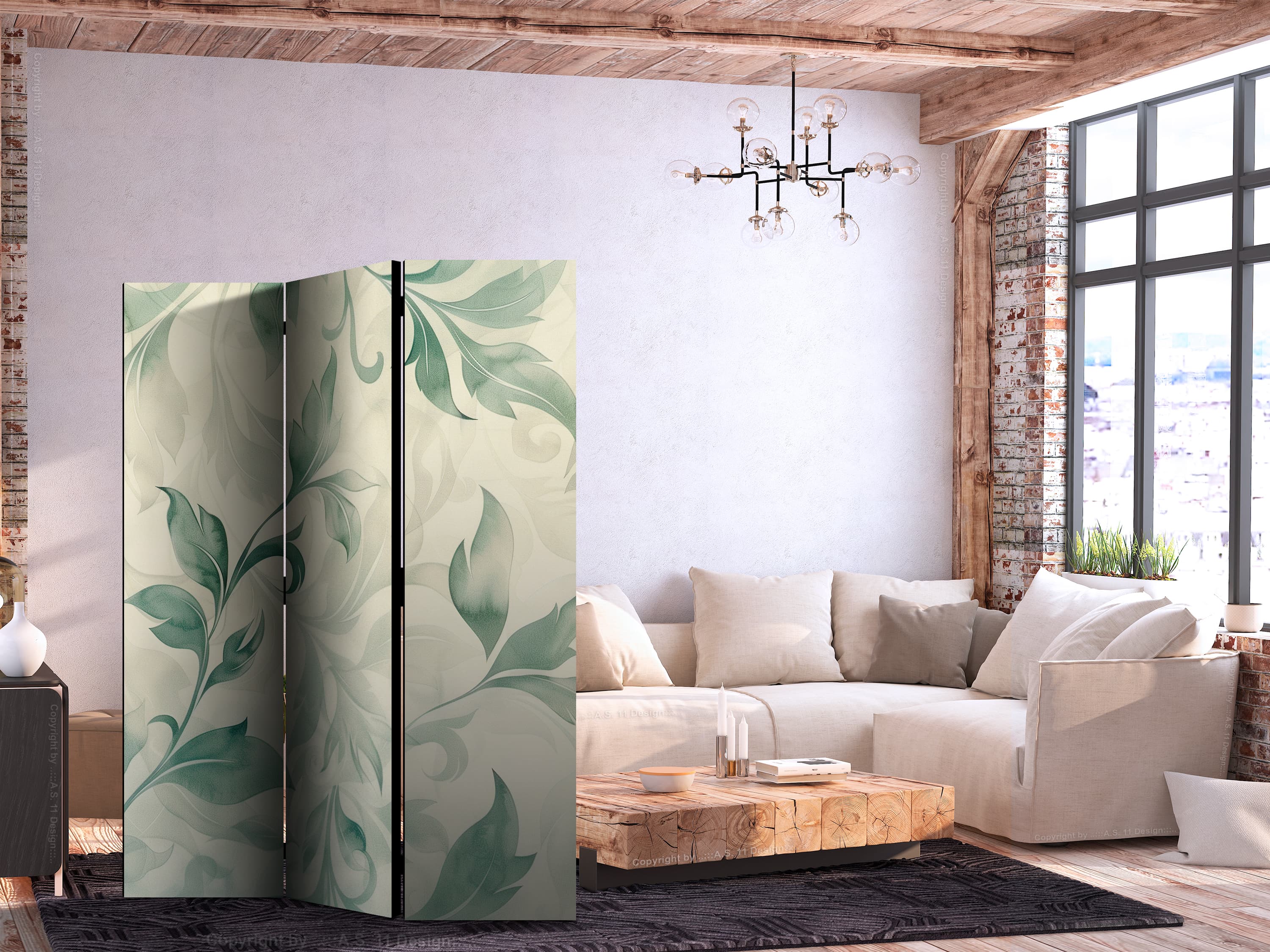 Room divider Akwarelowy motyw botaniczny - delikatne zielono-beżowe listki 135×172 cm, one-sided