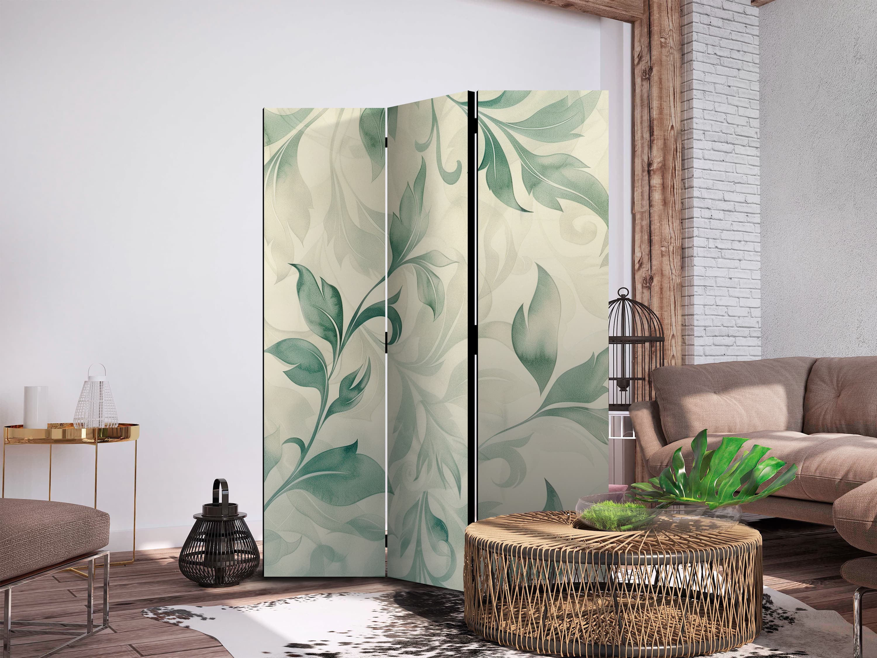 Room divider Akwarelowy motyw botaniczny - delikatne zielono-beżowe listki 135×172 cm, one-sided