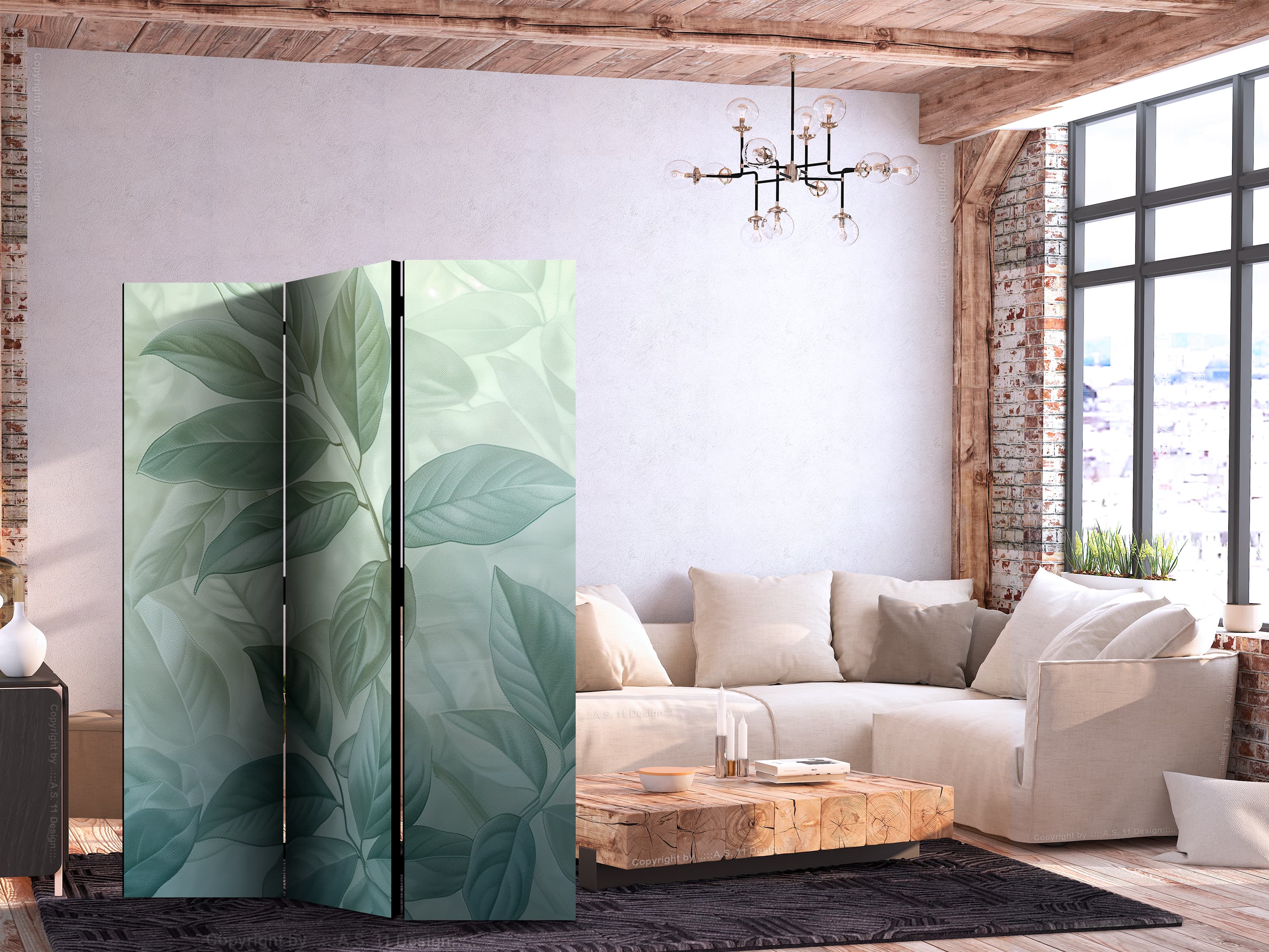 Parawan Duże liście w odcieniach zielono-miętowych - motyw botaniczny 135×172 cm, jednostronny