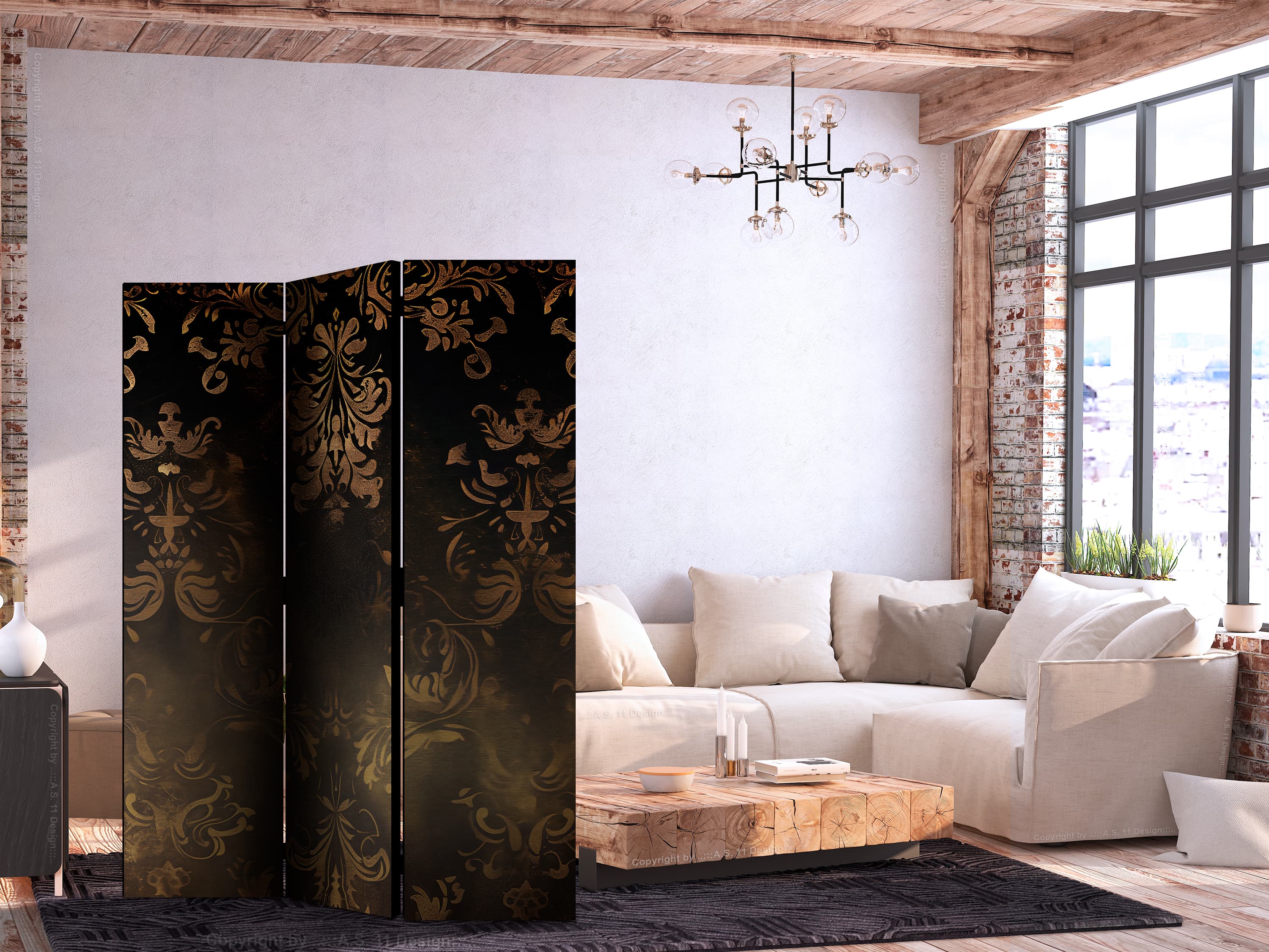 Parawan Ornamenty barokowe w spatynowanym złocie i w brązach - retro motyw 135×172 cm, jednostronny