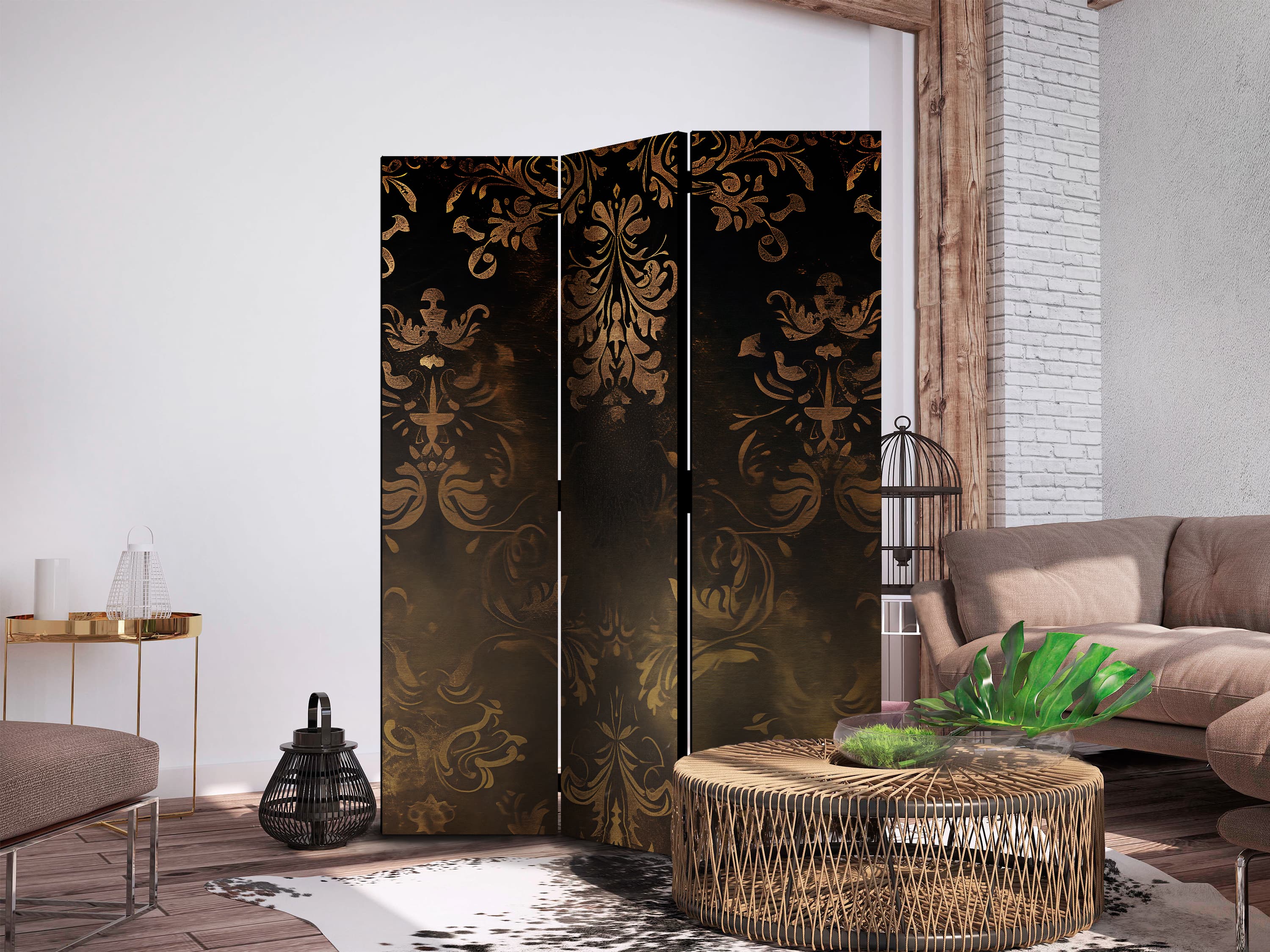 Parawan Ornamenty barokowe w spatynowanym złocie i w brązach - retro motyw 135×172 cm, jednostronny