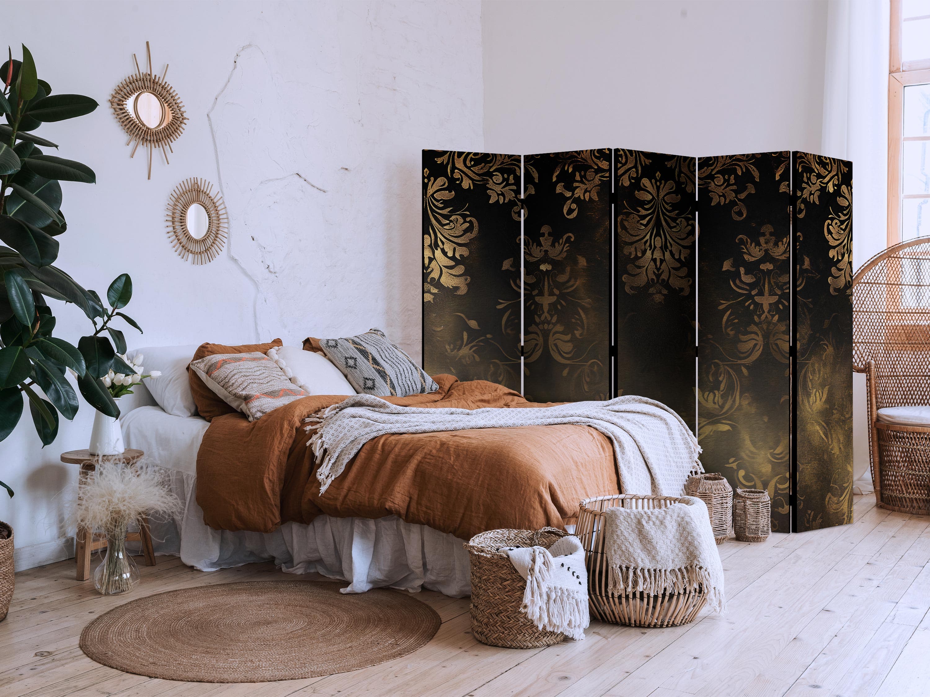 Parawan Ornamenty barokowe w spatynowanym złocie i w brązach - retro motyw 225×172 cm, jednostronny