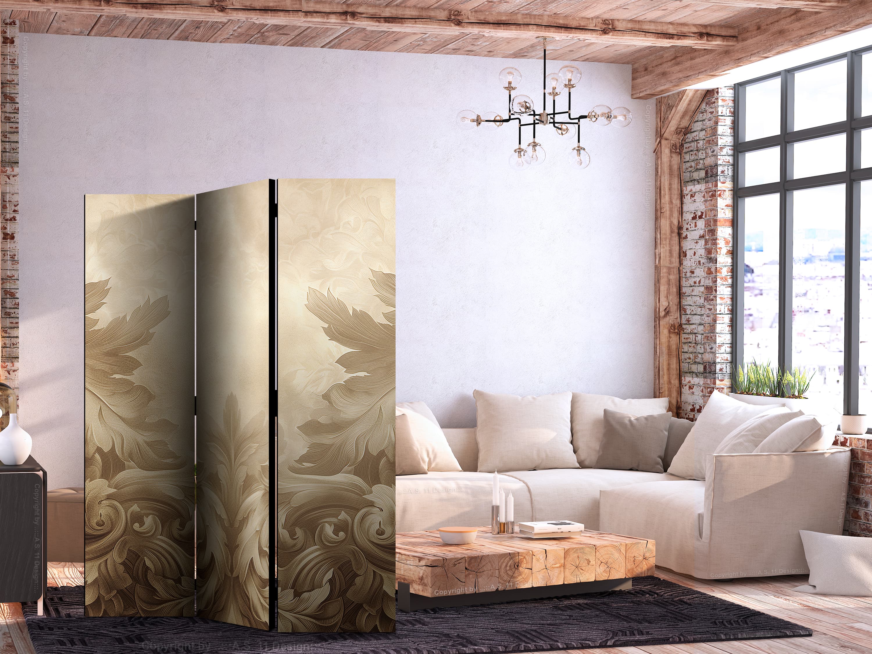 Parawan Rzeźbione ornamenty barokowe - bogata kompozycja w kolorach sepii 135×172 cm, jednostronny