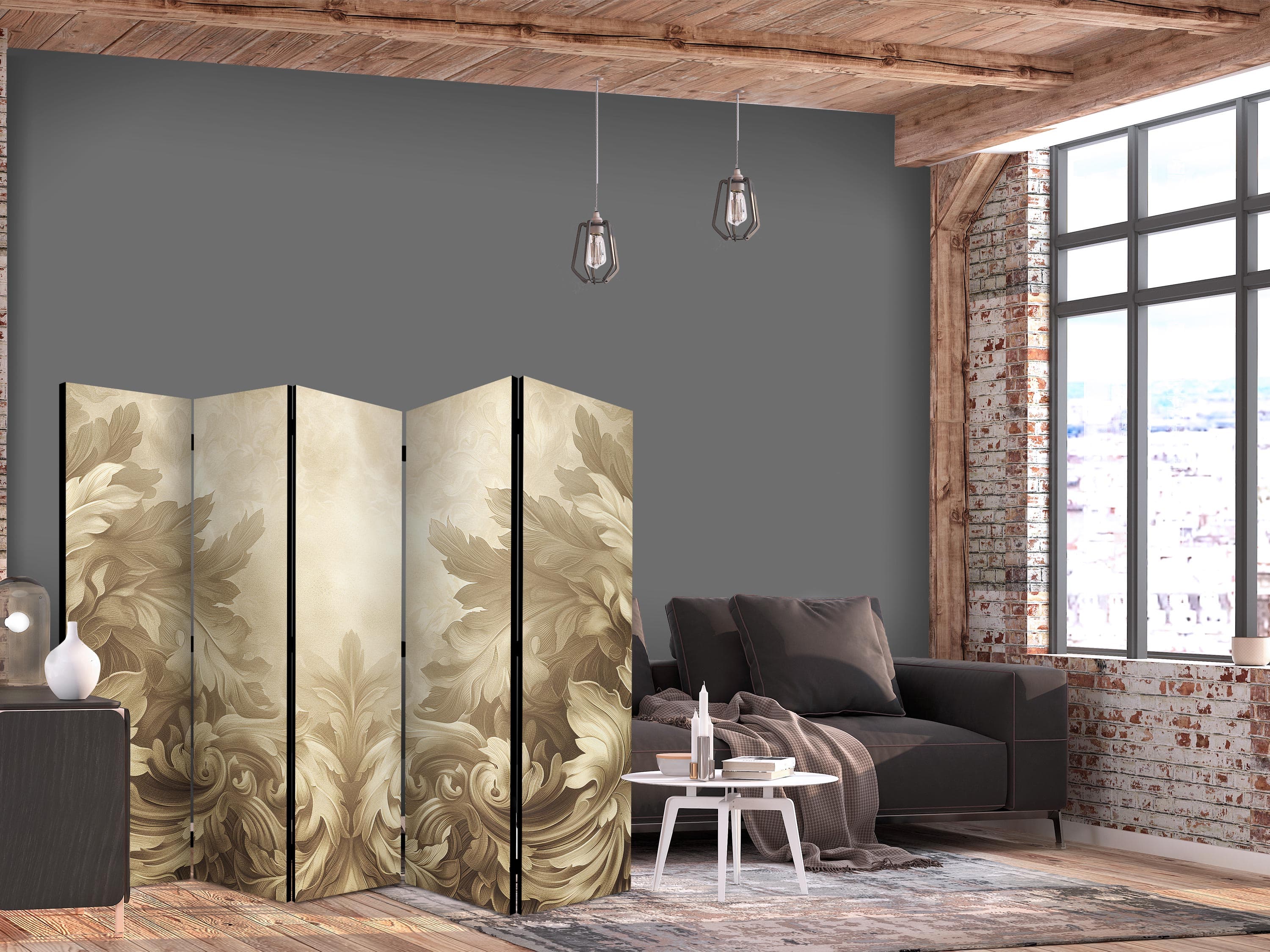 Parawan Rzeźbione ornamenty barokowe - bogata kompozycja w kolorach sepii 225×172 cm, jednostronny