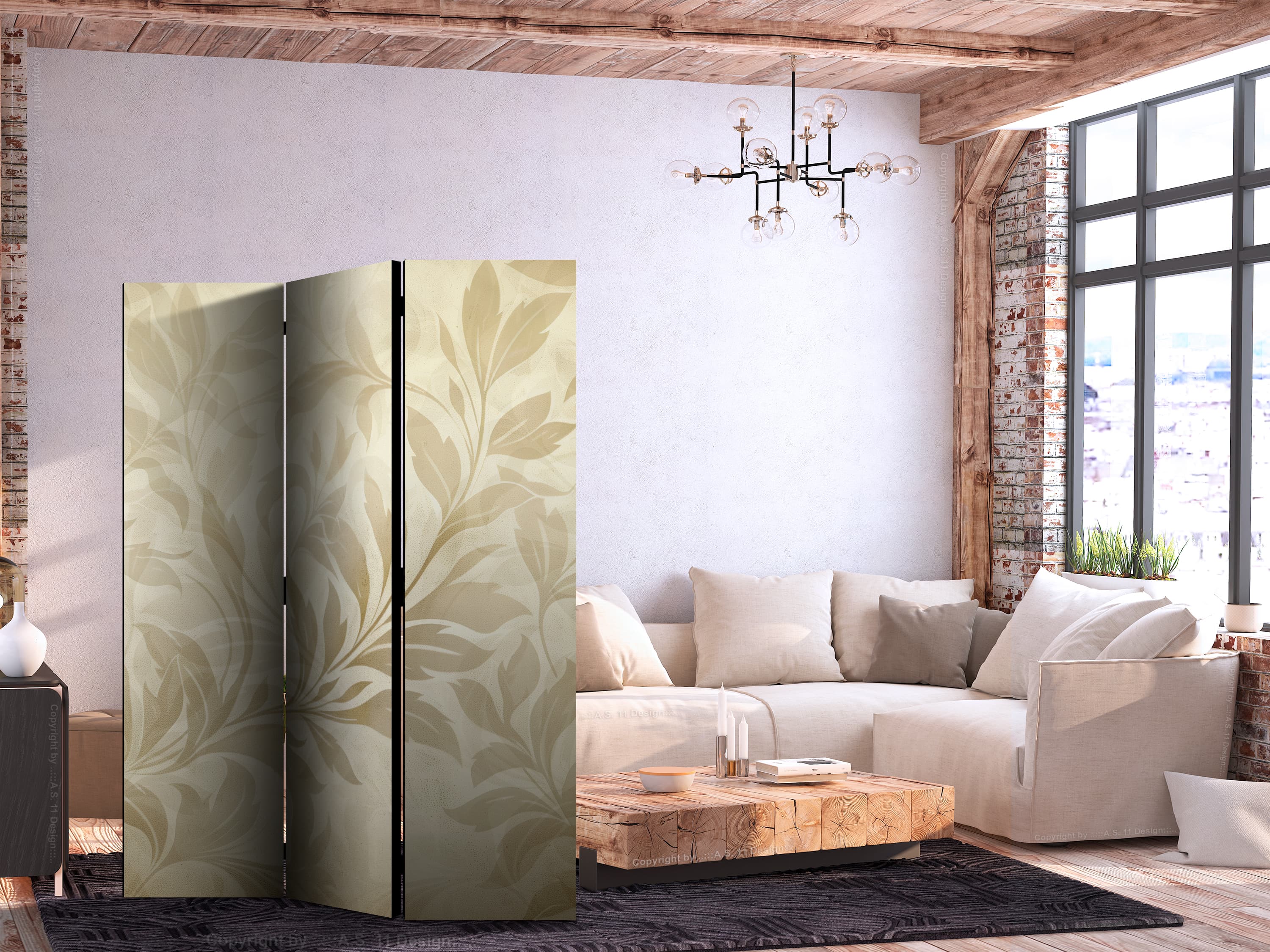Parawan Botaniczny motyw z listkami i pnączami w kolorach piaskowych 135×172 cm, jednostronny