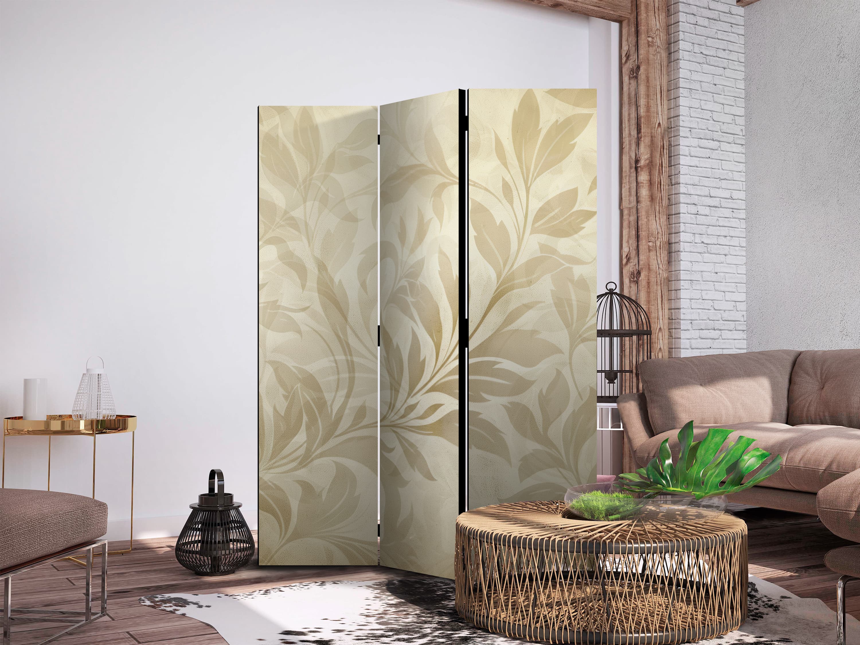 Parawan Botaniczny motyw z listkami i pnączami w kolorach piaskowych 135×172 cm, jednostronny
