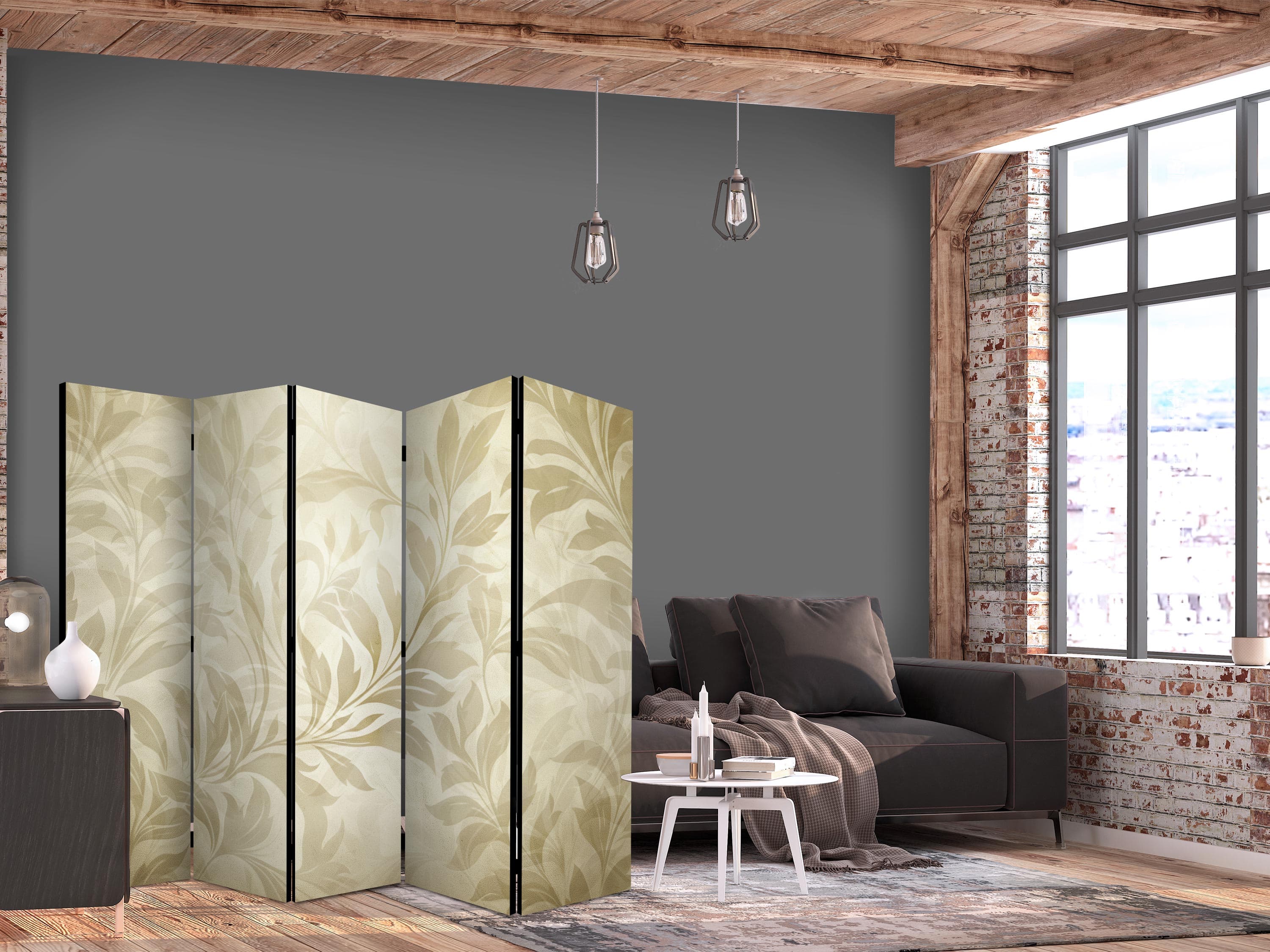 Parawan Botaniczny motyw z listkami i pnączami w kolorach piaskowych 225×172 cm, jednostronny
