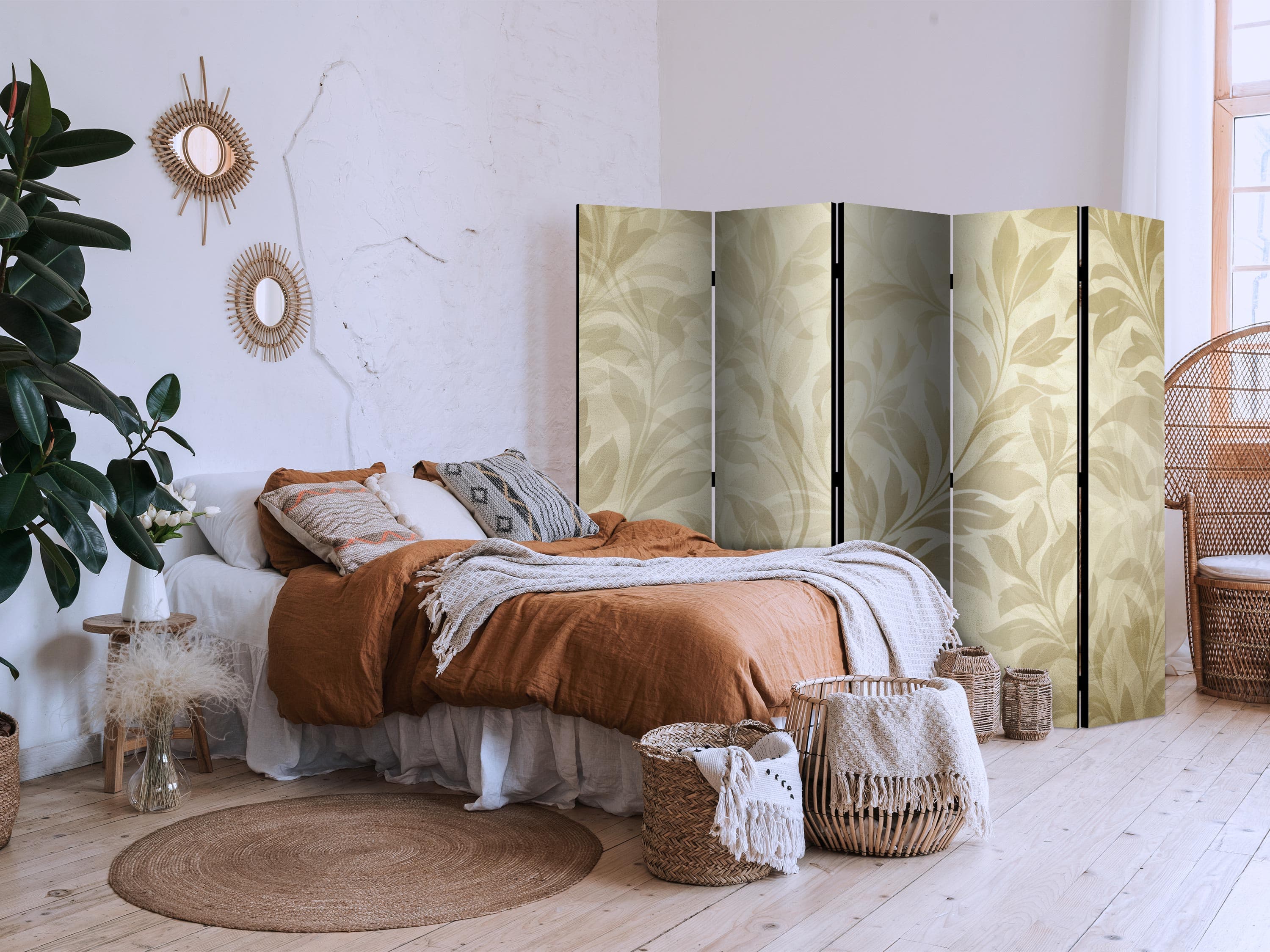 Parawan Botaniczny motyw z listkami i pnączami w kolorach piaskowych 225×172 cm, jednostronny