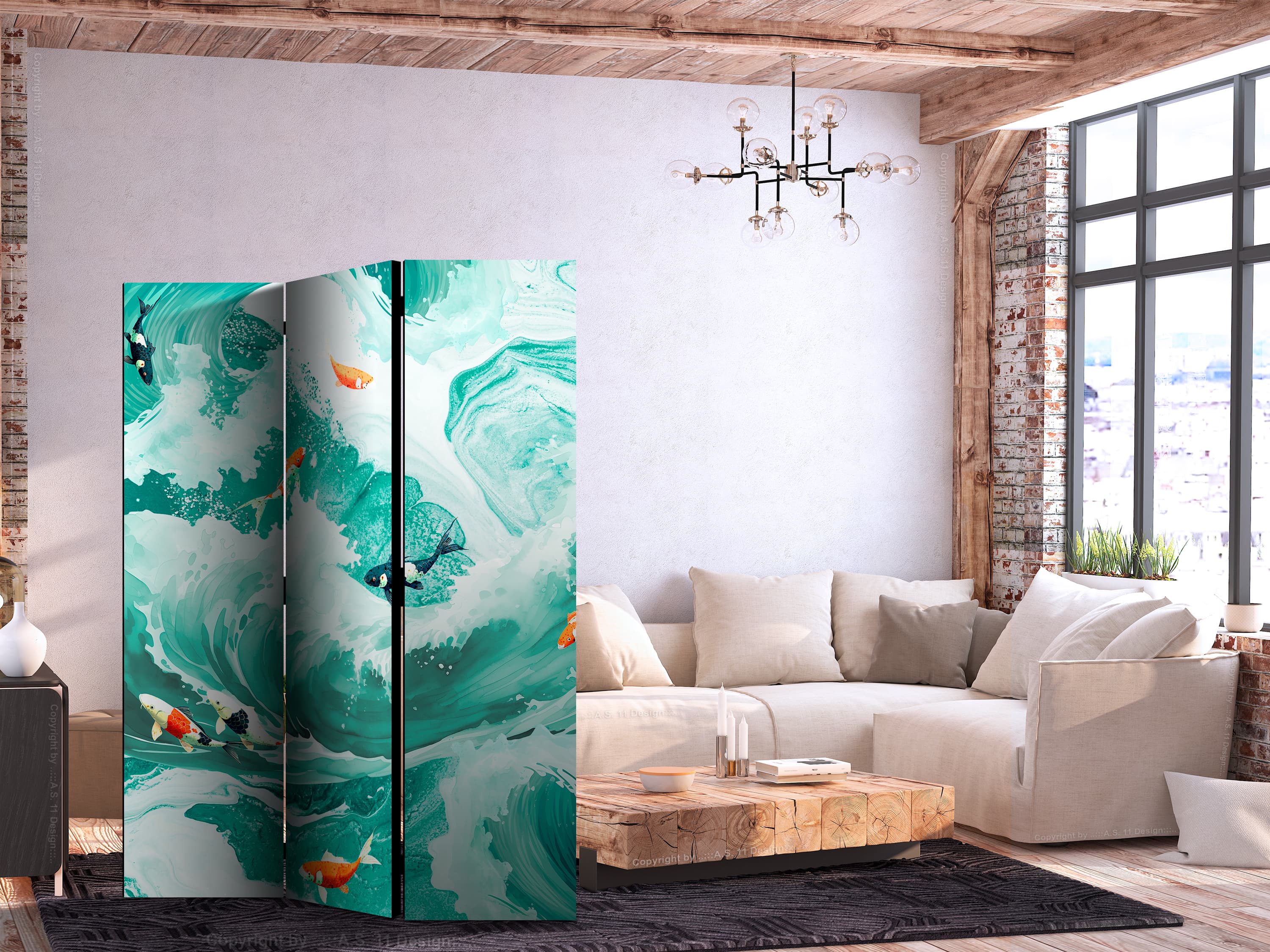 Parawan Rybki Koi wśród fal - Japońskie ryby pośród fal w odcieniach turkusu i bieli 135×172 cm, jednostronny