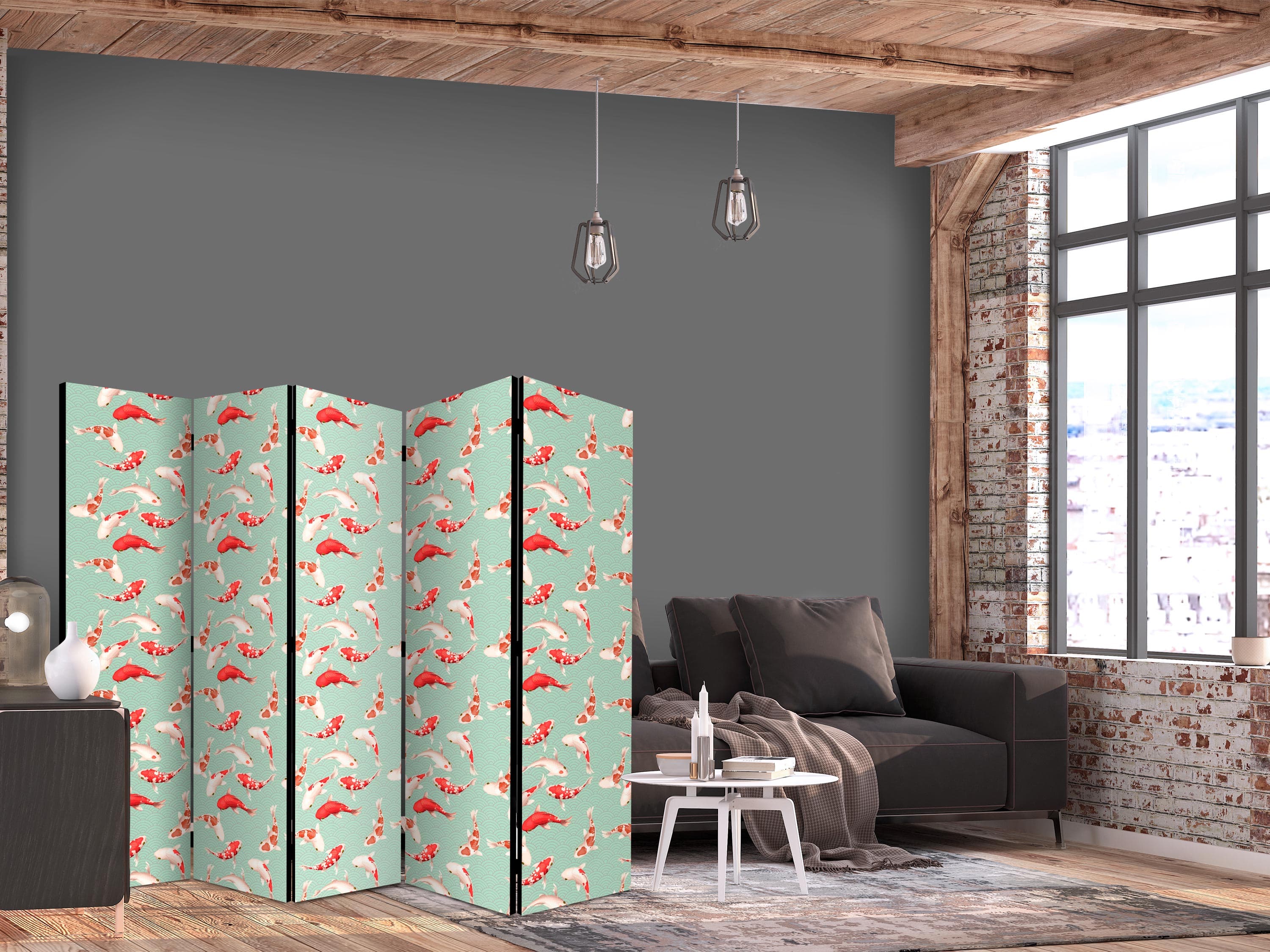 Parawan Rybki i japoński wzór - Rybki Koi w pomarańczowo-kremowych kolorach na zielono-miętowym tle z orientalnym wzorem 225×172 cm, jednostronny