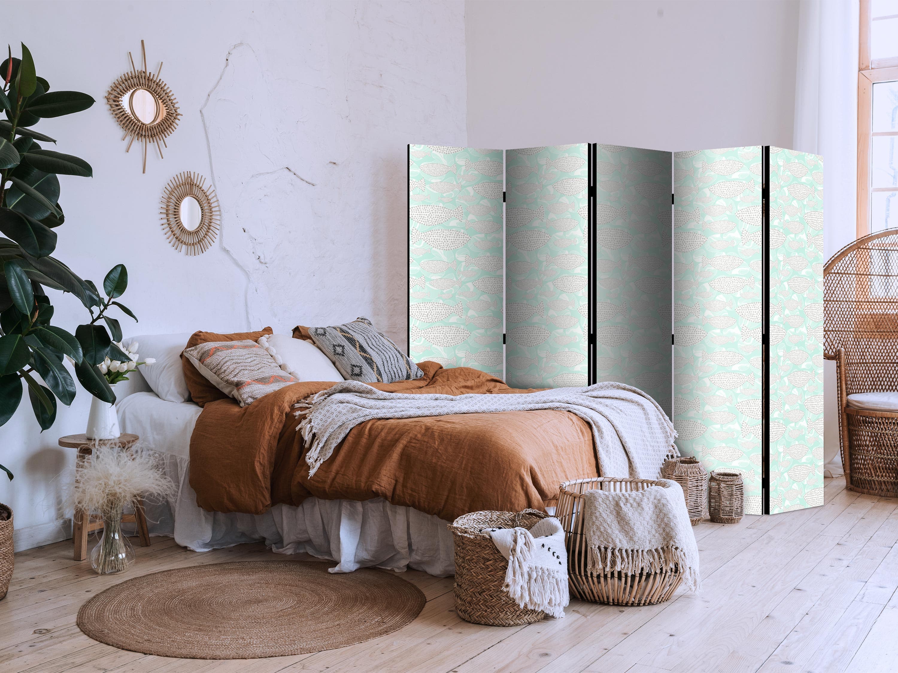 Parawan Minimalistyczne ryby - Rybki z szarych kropek na tle krystalicznej tafli wody w kolorystyce miętowej zieleni 225×172 cm, jednostronny