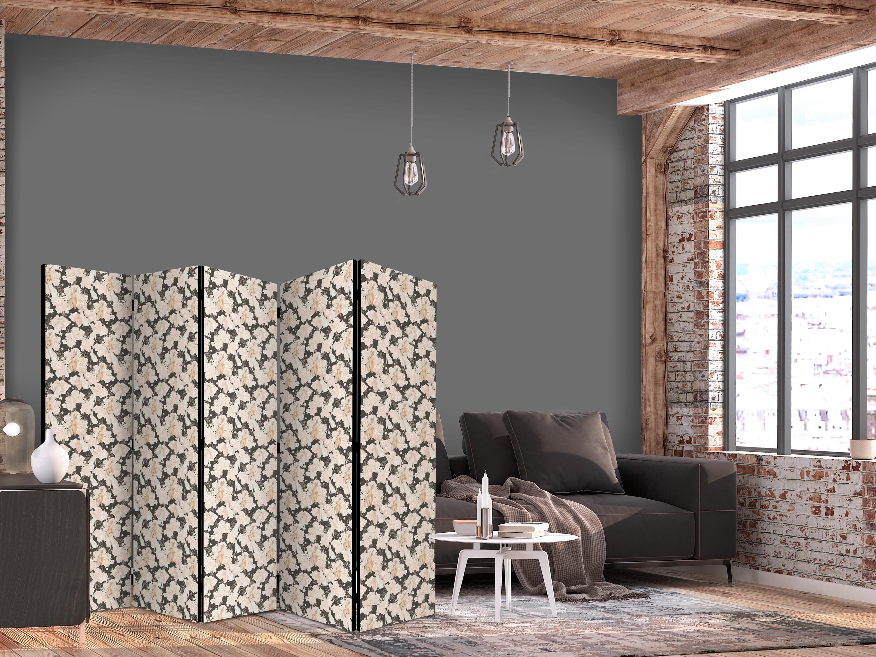 Parawan Wśród różowych krzaczków - białe i beżowe zające na kwitnącej polanie 225×172 cm, jednostronny