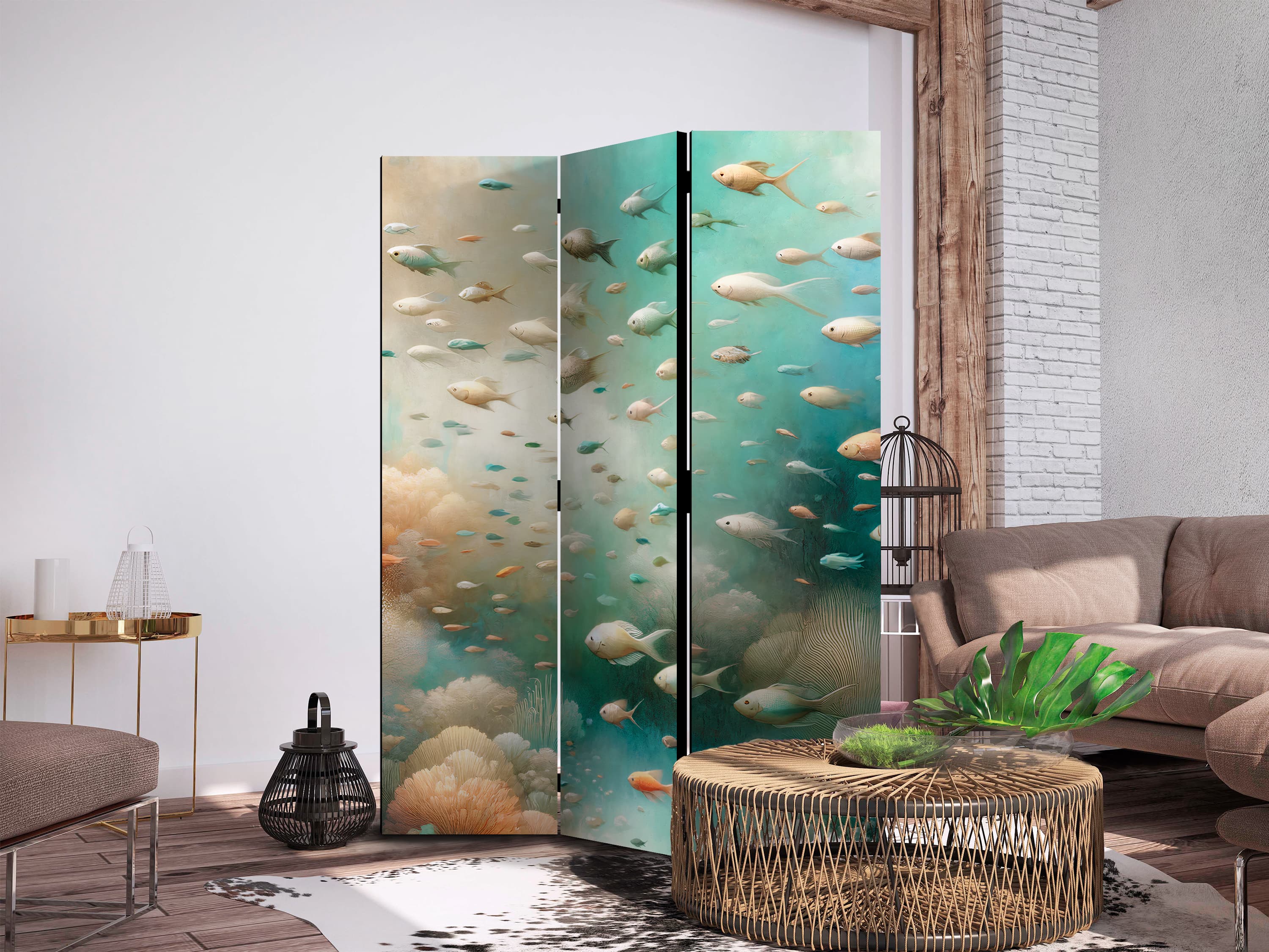 Parawan Zjawiskowy podwodny krajobraz - Ryby w podwodnym świecie w kolorach turkusu błękitu beżu i delikatnego pomarańczowego 135×172 cm, jednostronny