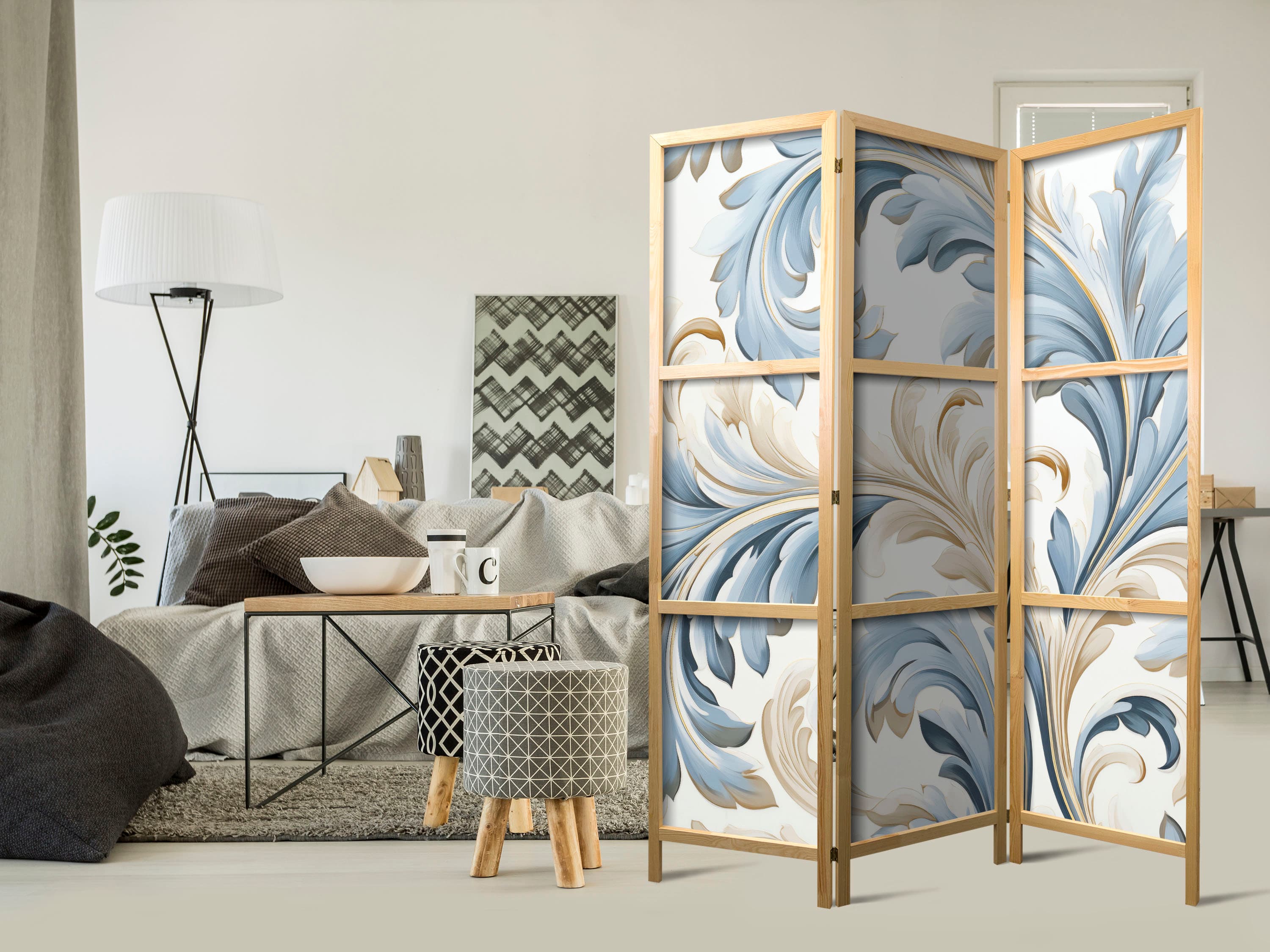 Японська ширма Barokowe ornamenty w jasnej - kremowo-niebieskiej kolorystyce 135×172 см, японська