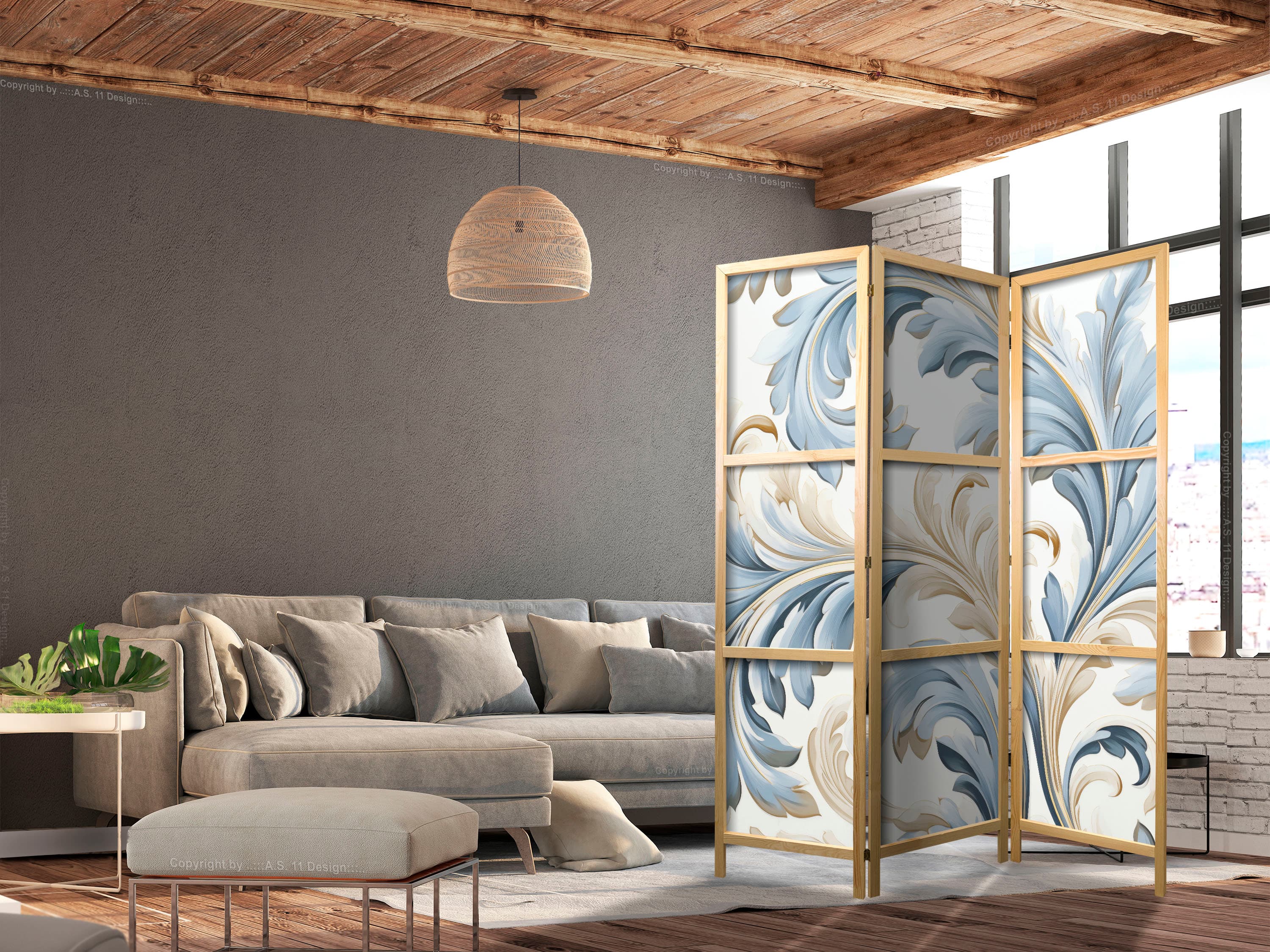 Японська ширма Barokowe ornamenty w jasnej - kremowo-niebieskiej kolorystyce 135×172 см, японська