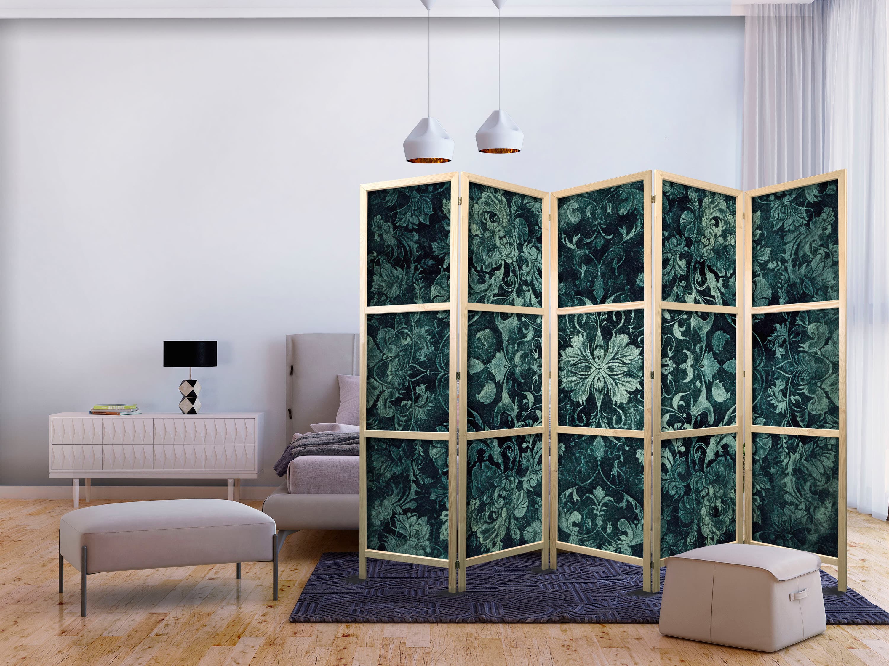 Японська ширма Wzór orientalny dywanowy - szmaragdowe ornamenty i przetarte wzory 225×172 см, японська