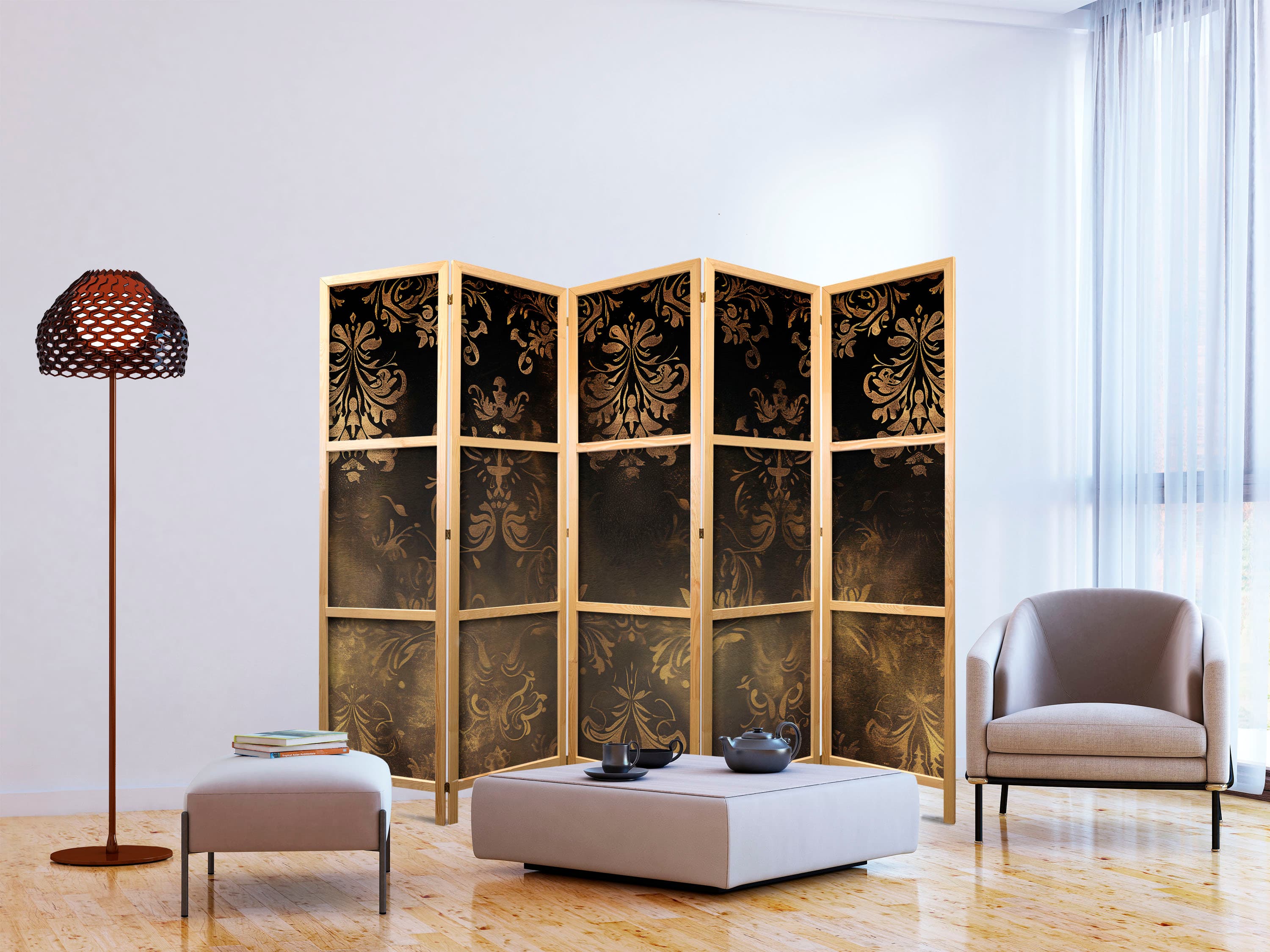 Японська ширма Ornamenty barokowe w spatynowanym złocie i w brązach - retro motyw 225×172 см, японська