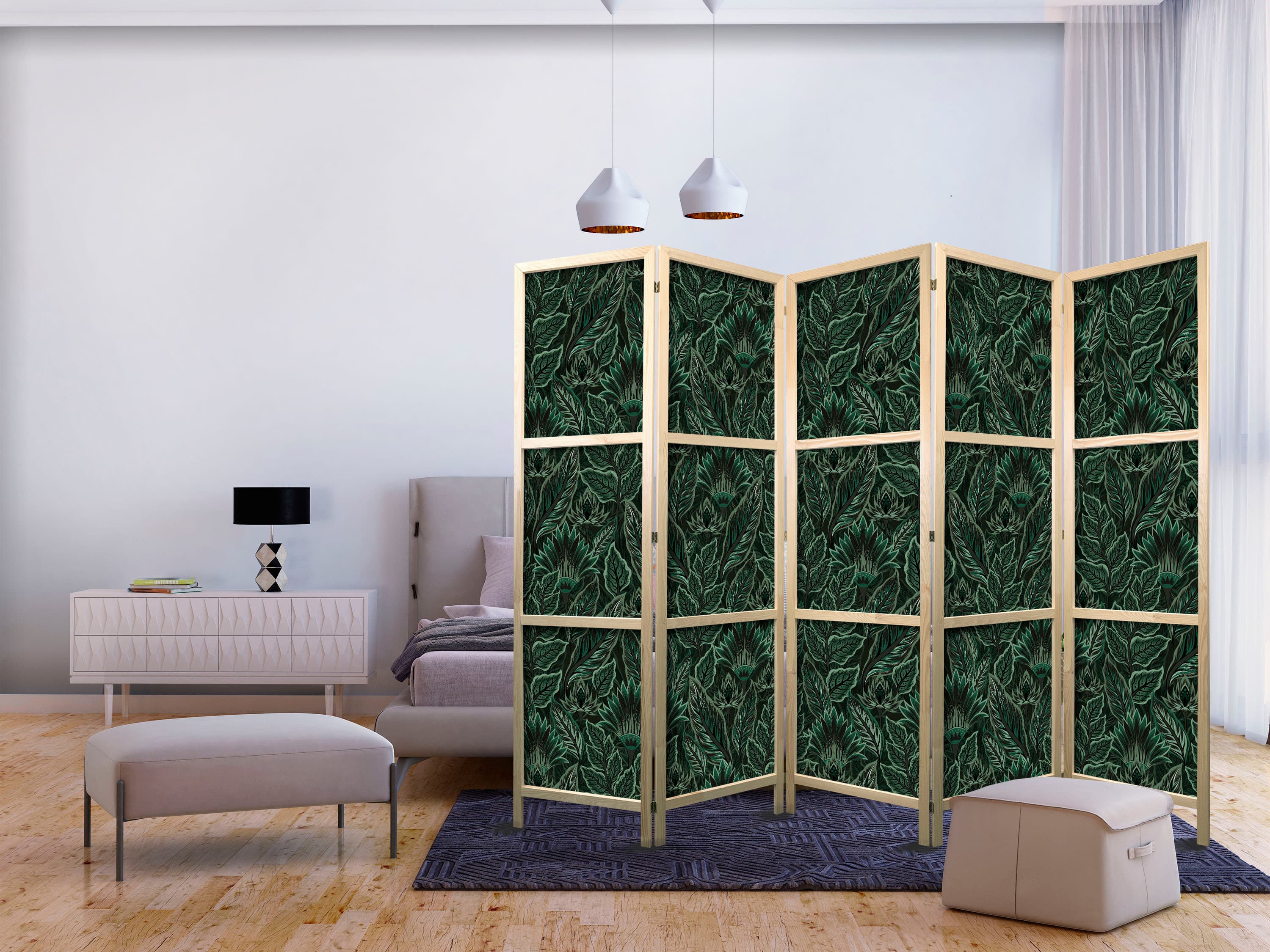 Parawan japoński Gęsta roślinność - botaniczne wzory w ilustracyjnym stylu; zielone 225×172 cm, japoński