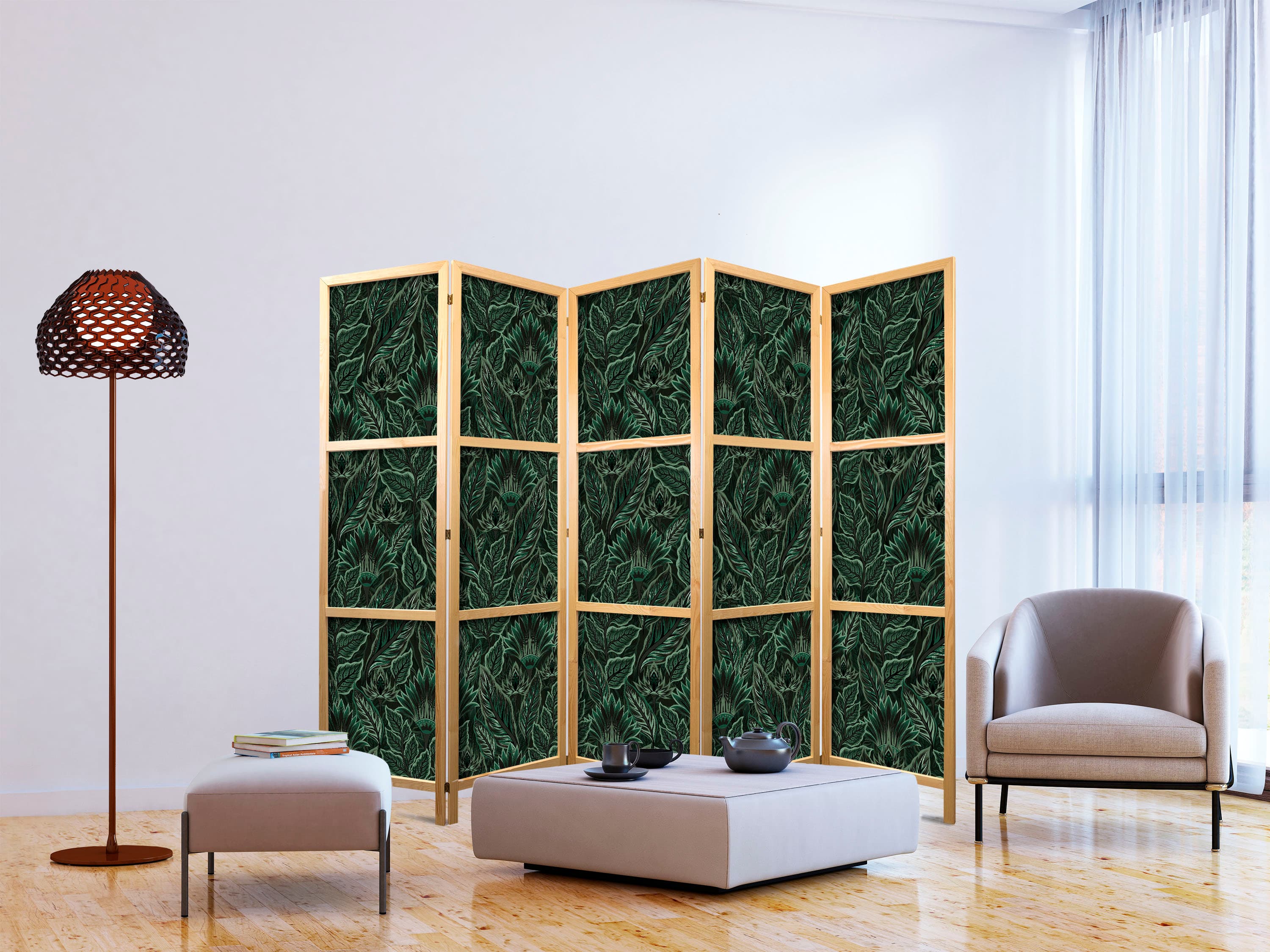 Parawan japoński Gęsta roślinność - botaniczne wzory w ilustracyjnym stylu; zielone 225×172 cm, japoński