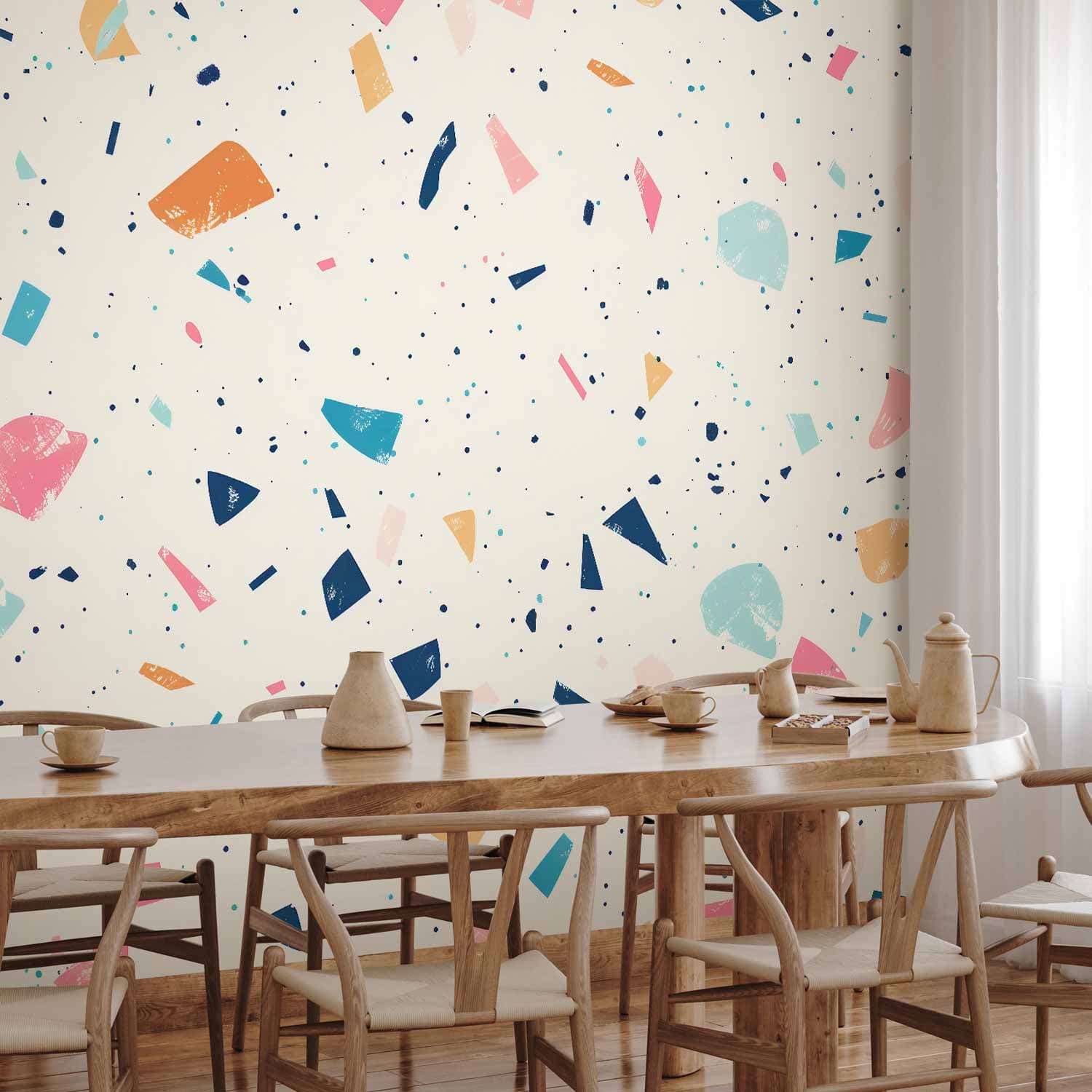 Wall mural Lastriko z wielokolorowymi dużymi elementami wesoły wzór na jasnym tle 150×105 cm, waterproof material