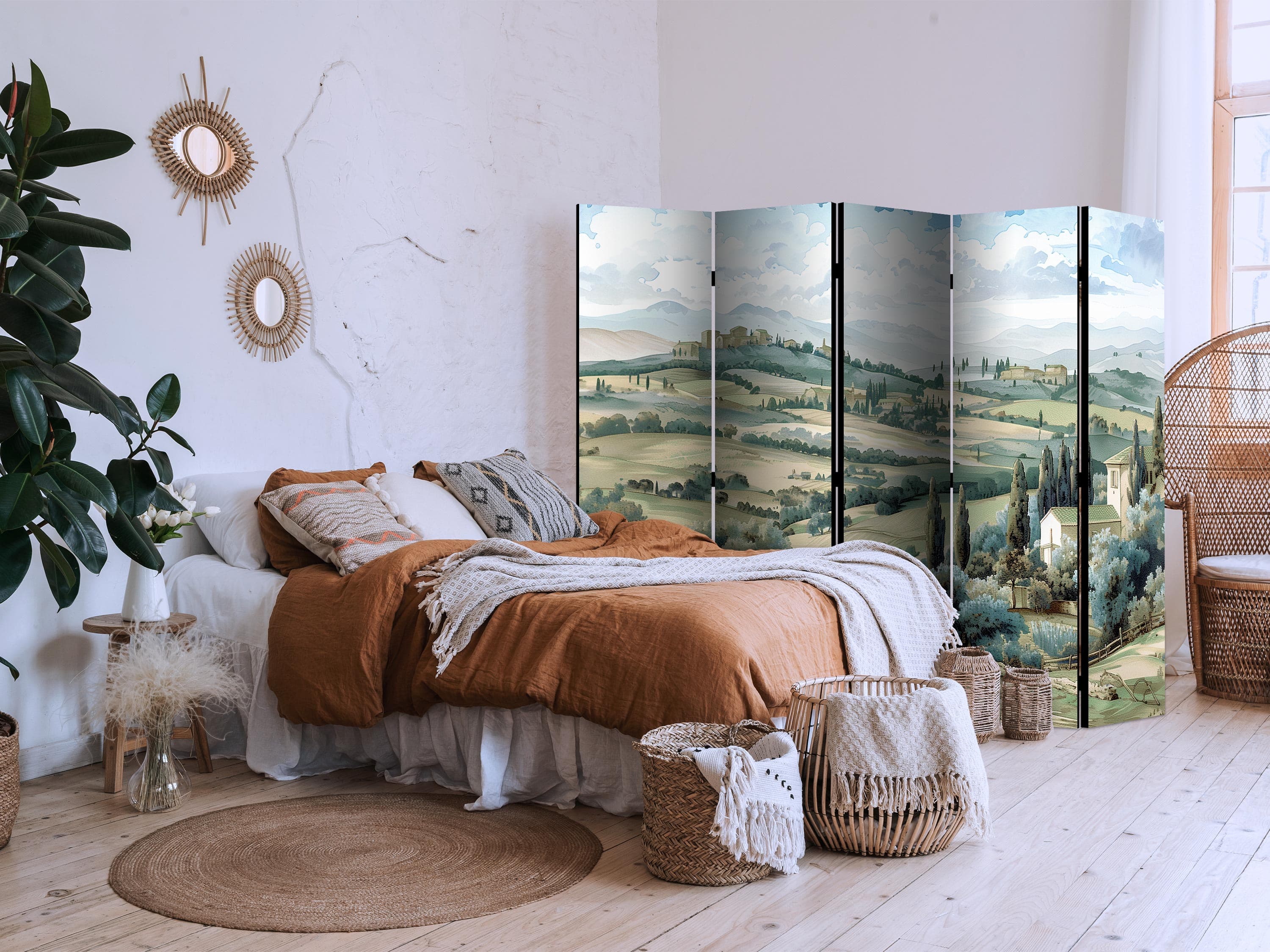 Paravent Pejzaż z zielonymi polami i drzewami - toskański słoneczny widok 225×172 cm, akustisch