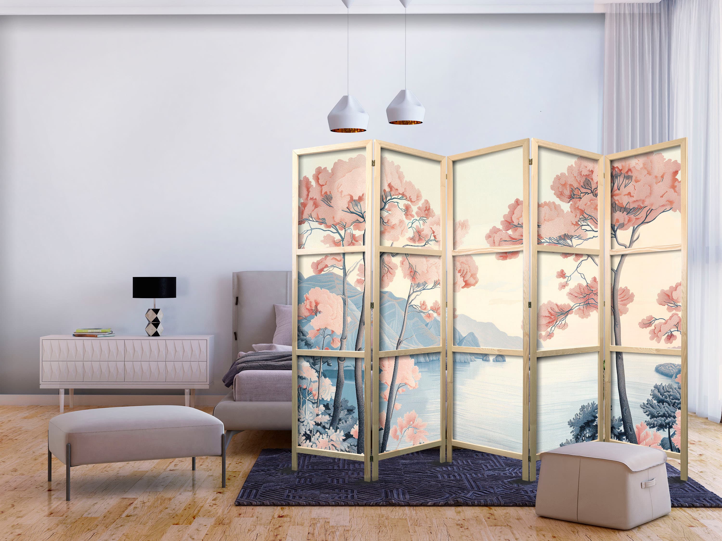 Японская ширма Pejzaż z oceanem - klifami i drzewami w delikatnych różowych barwach 225×172 см, японская