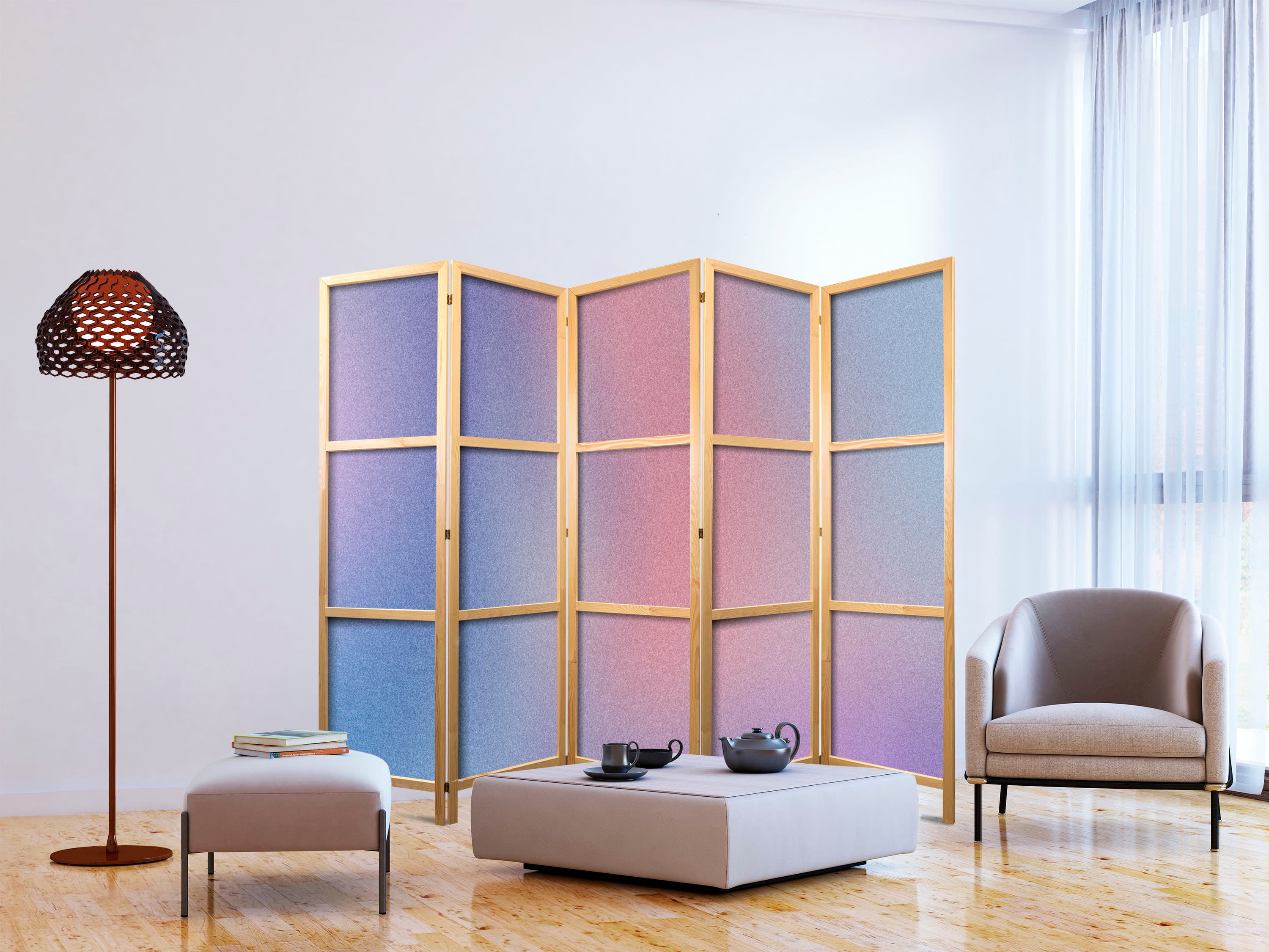 Parawan japoński Tęczowy gradient - delikatny wielokolorowy gradient przypominający mgłę 225×172 cm, japoński